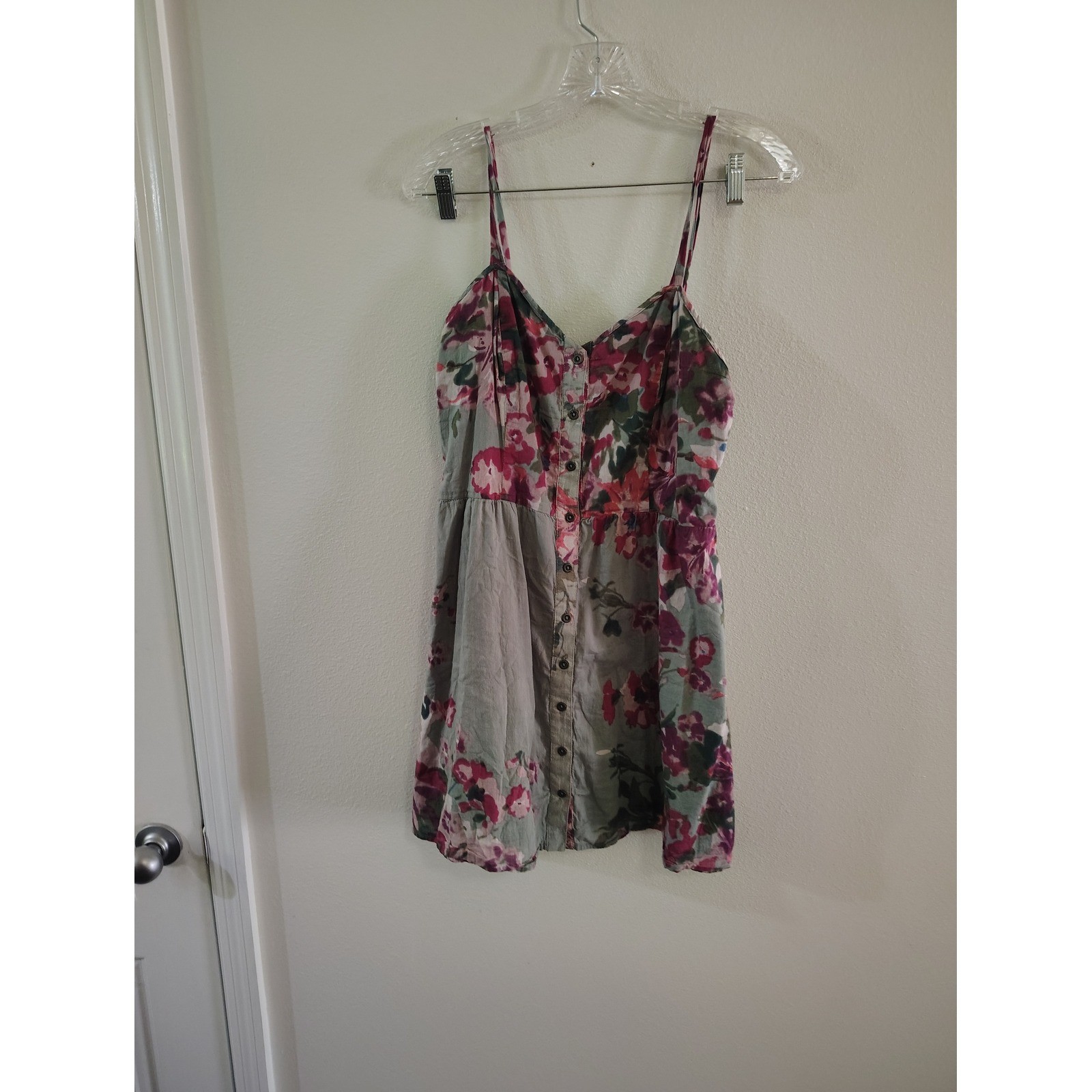 Lottie & Holly Floral Cotton Button Down Mini Dress Sage Pink Boho Smocked XL