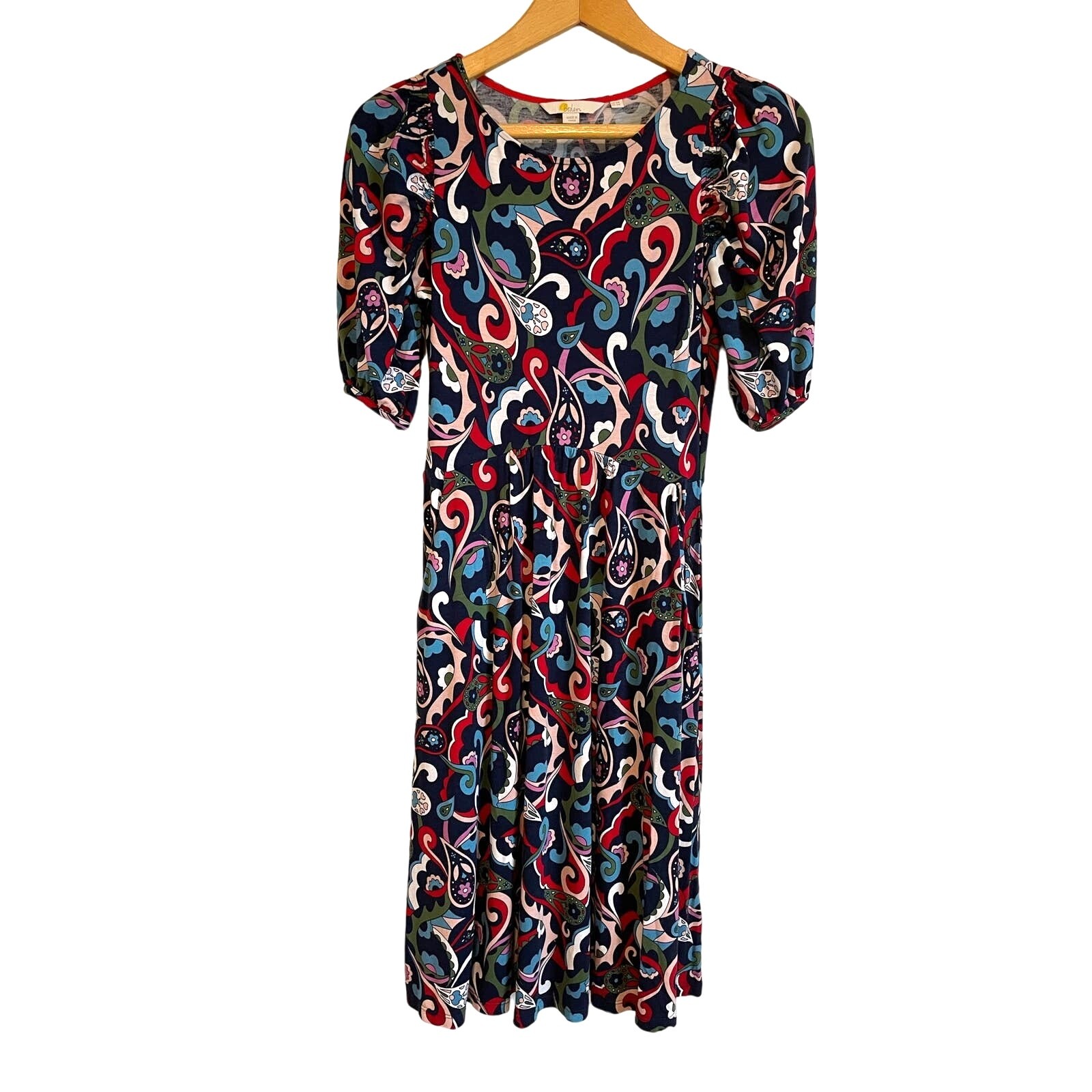Boden Lily Puff Sleeve Jersey Dress Floral Paisley Short Sleeve Pockets Size 2