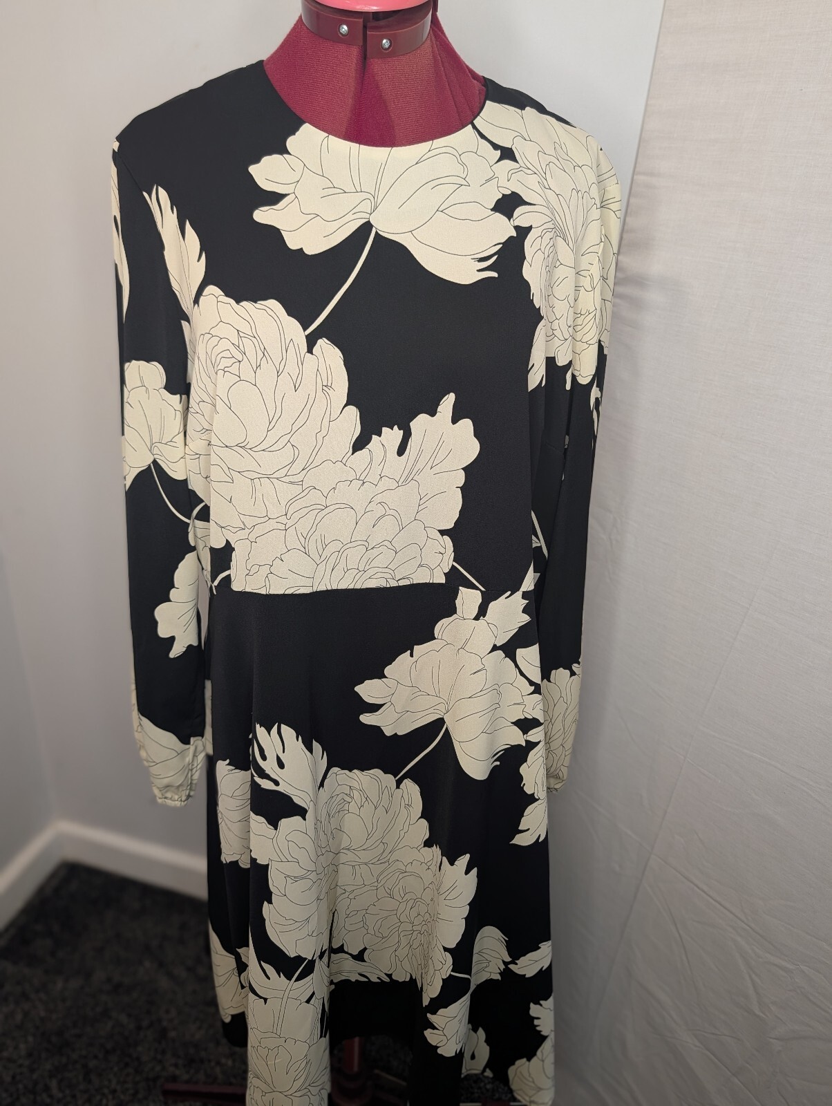 ROMAN Black Cream Big Floral Print Crepe Fit Flare Midi Smart Casual Dress 18