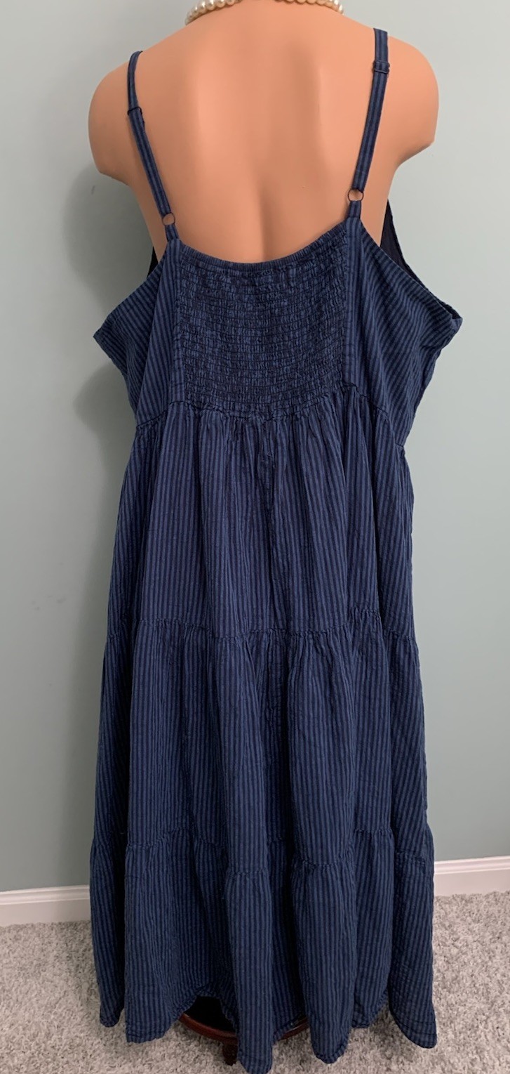 Vtg Falls Creek Linen Cotton Dress Blue Stripe Tiered Smocked Midi Womens 3X