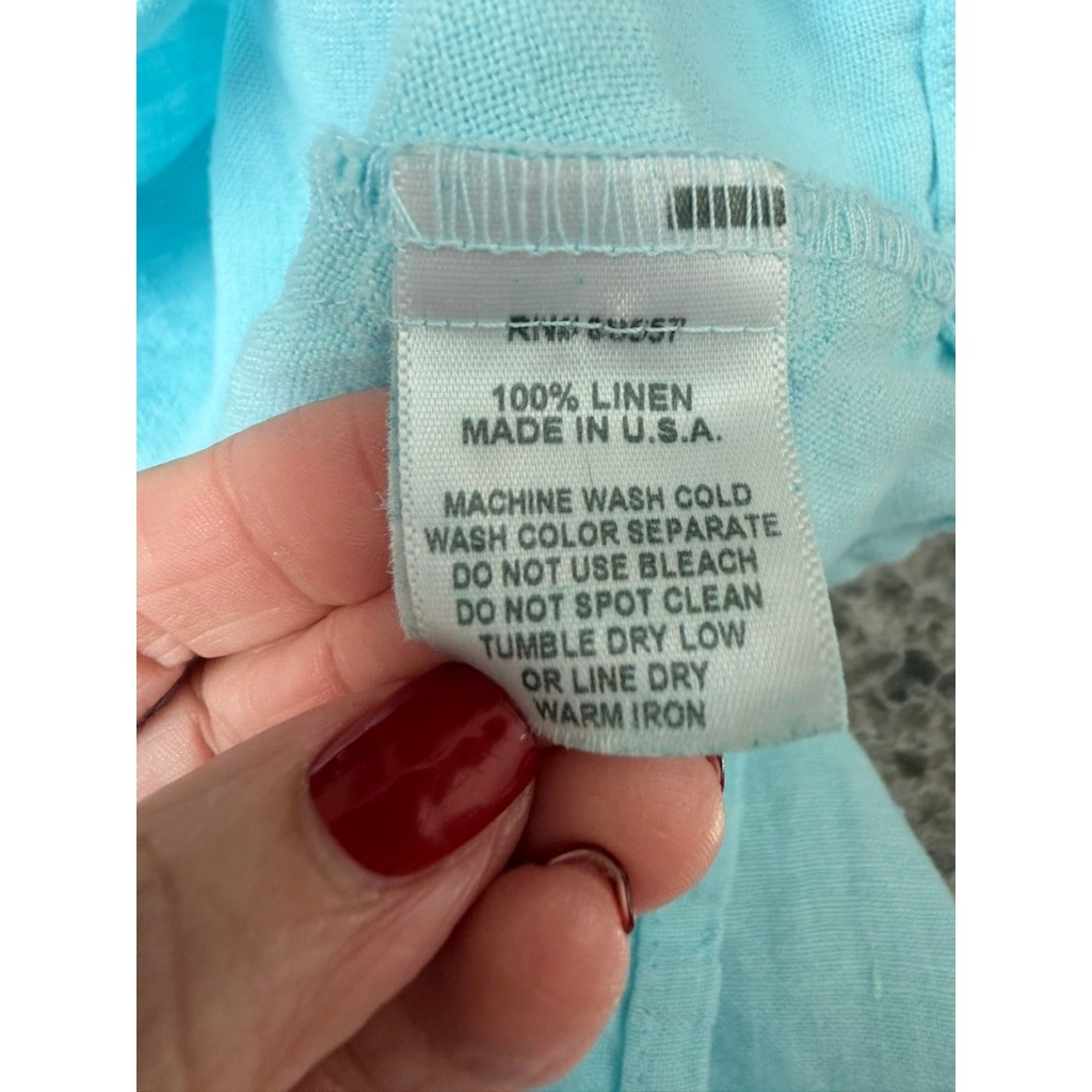 Fenini Tunic Dress Womens L Aqua Blue Linen Short Sleeve Empire Waist Lagenlook