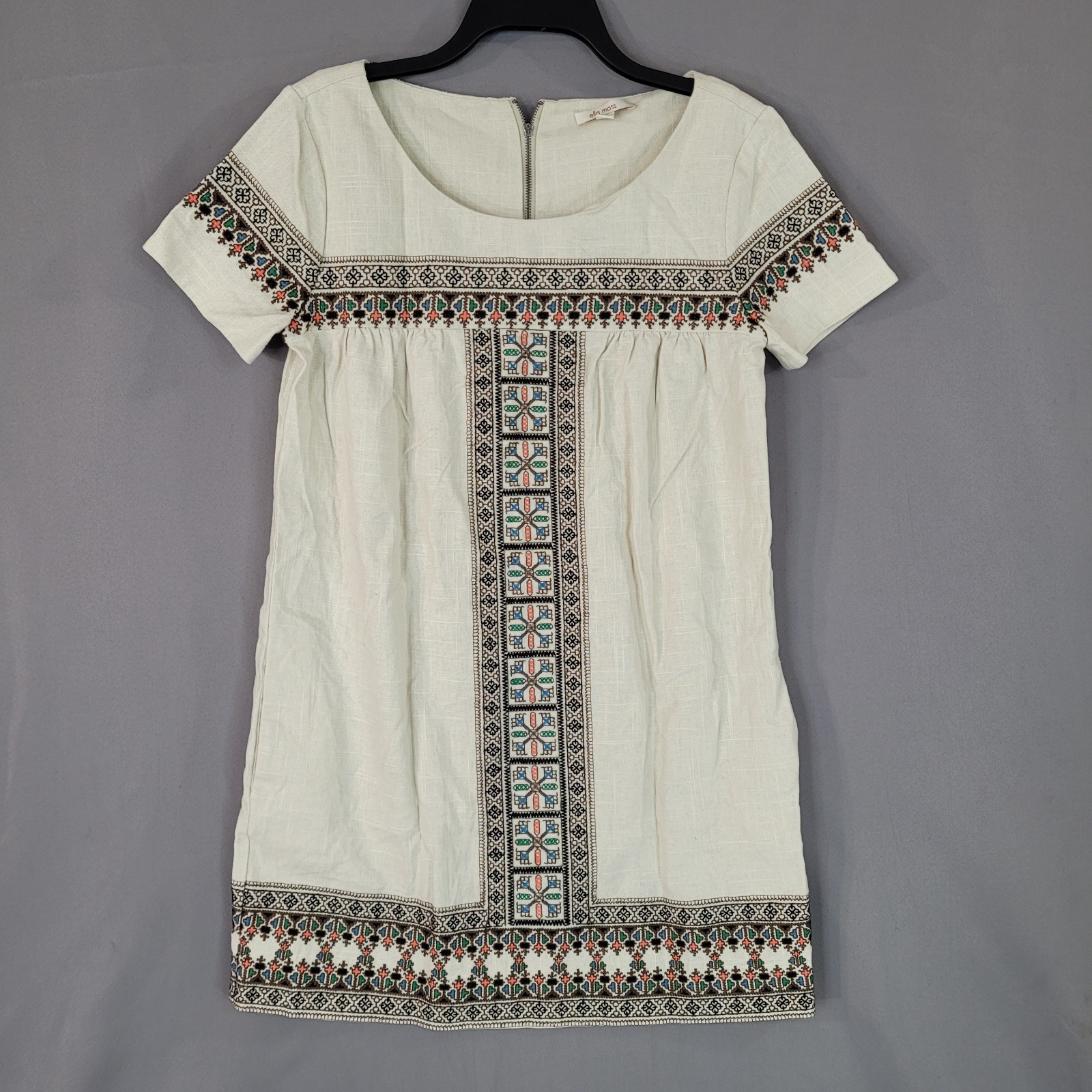 ella moss Dress Women’s Small Ivory Linen Rayon Embroidered Side Pockets