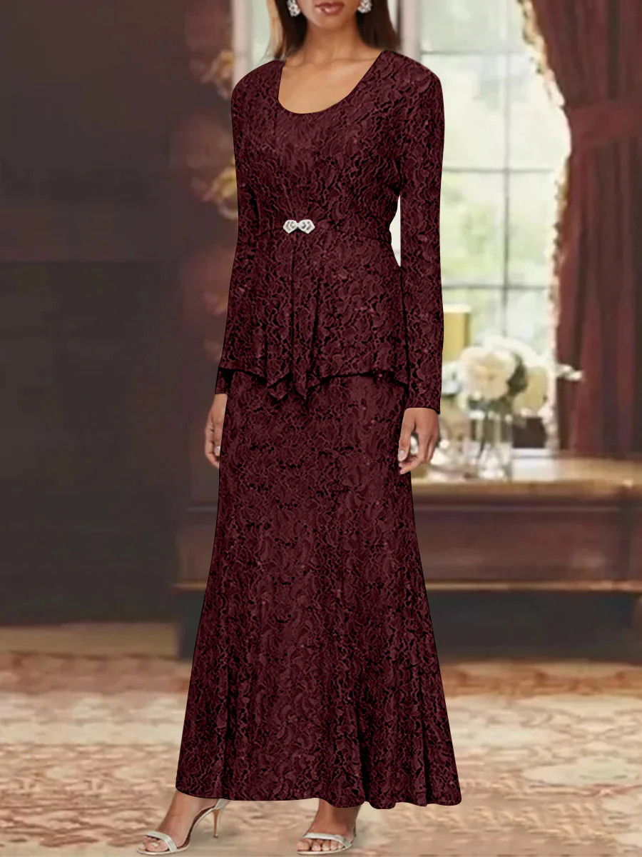 womens ankle length long sleeve dress, gown, size 12. 2 piece , lace. Cabernet