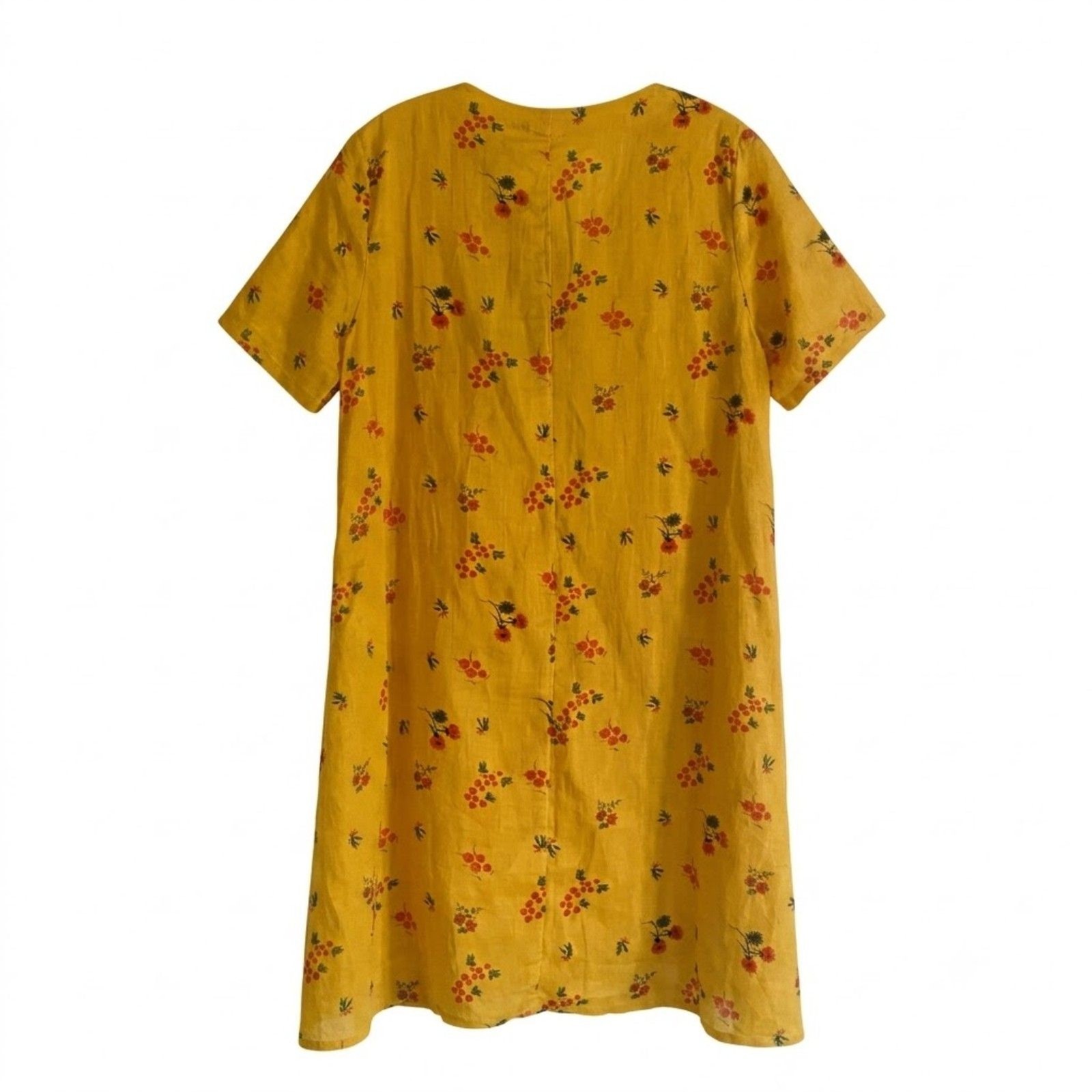 Yellow Floral Linen Dress Summer Shift Cottagecore Boho Short Sleeve Large NWT