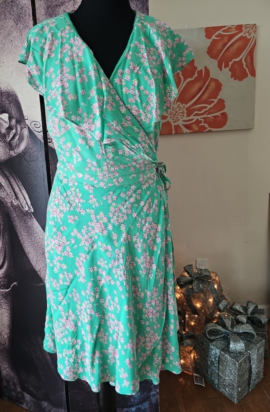DRAPER JAMES V Neck Wrap Green Pink Floral-Print Cottagecore Dress Size XL