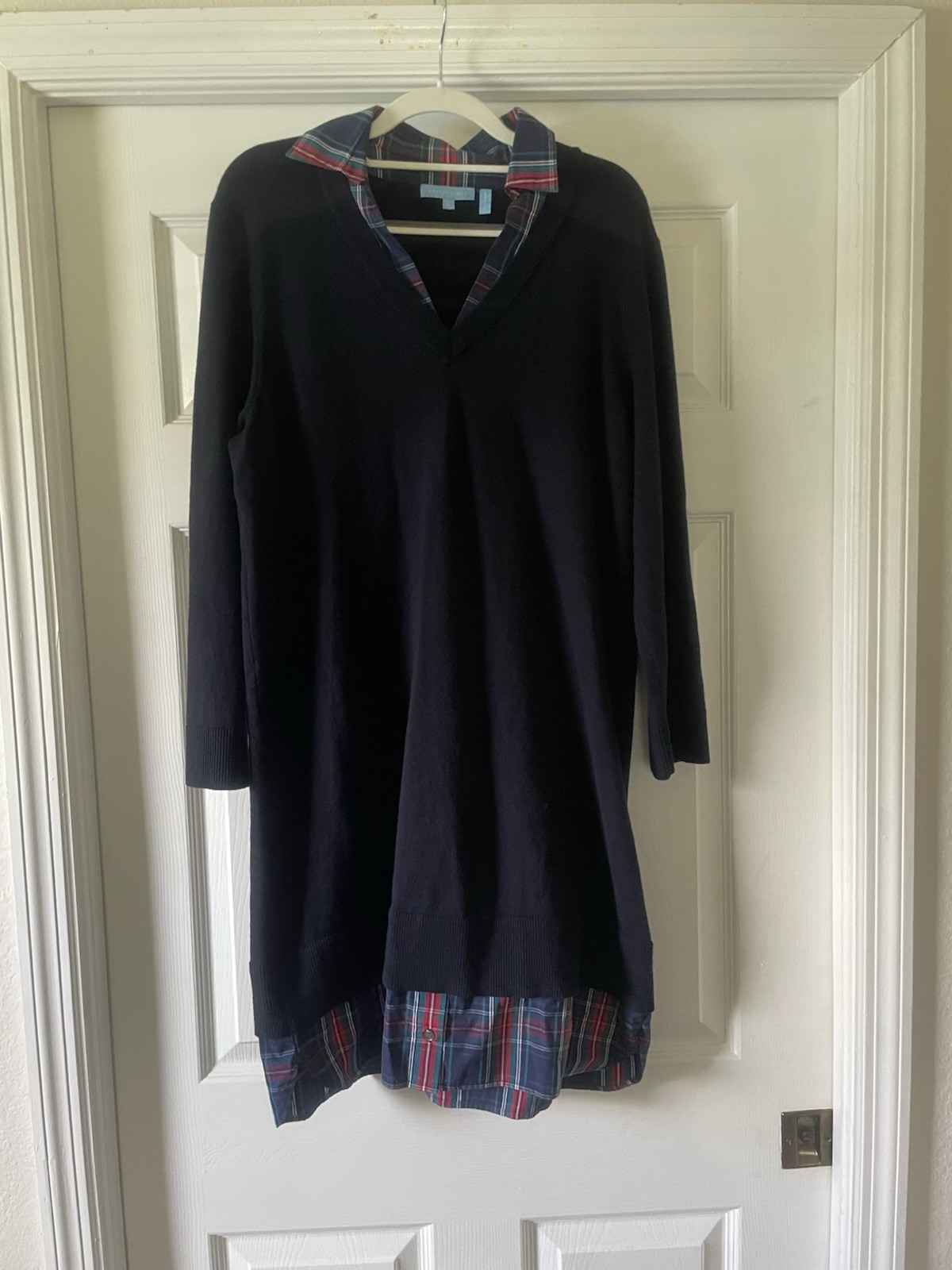 Draper James dress Large Preppy Collared Plaid And Navy Blue