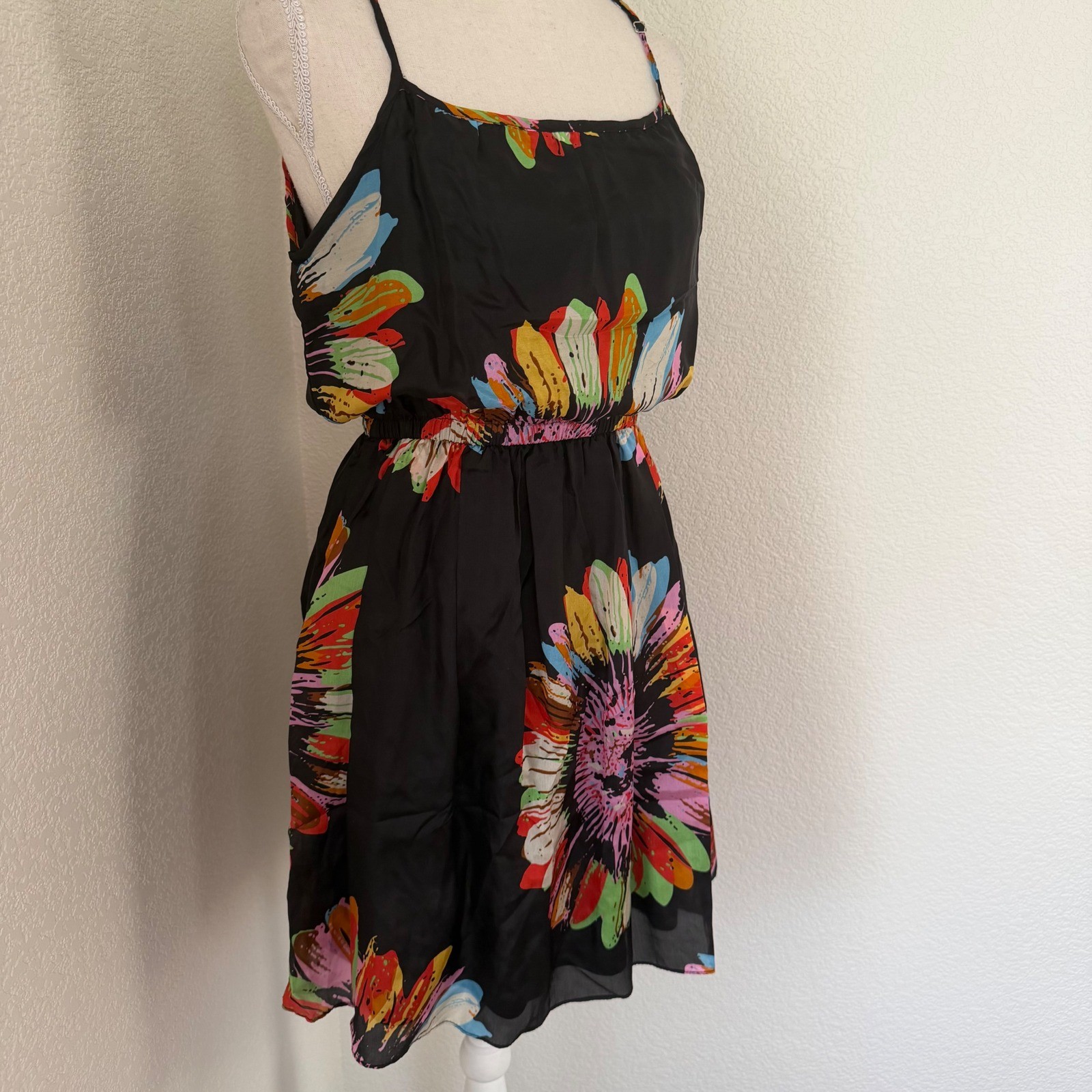 Season.js Mini Dress Womens Sm Black Multi Floral Sunflower Elastic Waist Boho