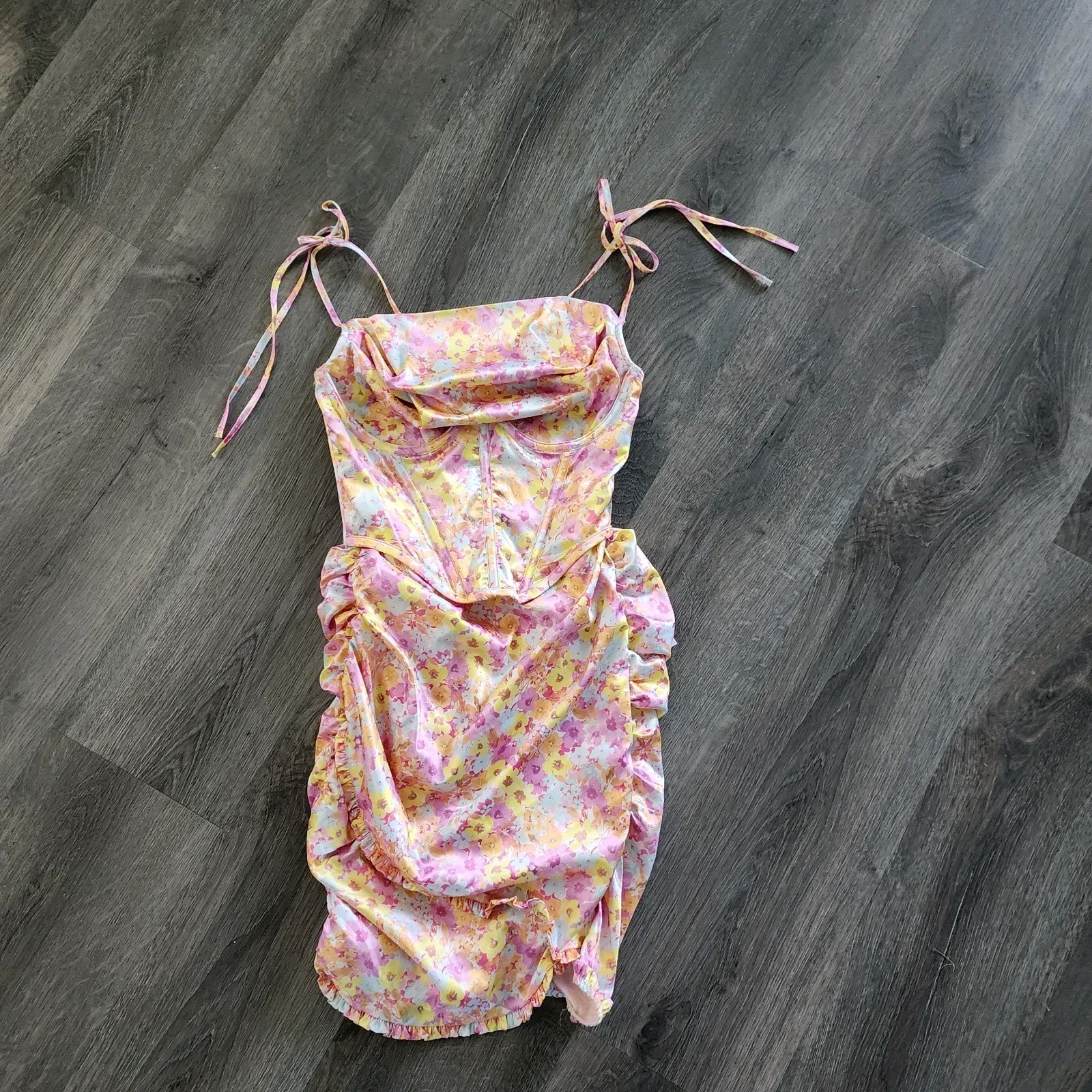 For Love & Lemons Floral Corset Mini Dress XS Satin Coquette Fairy Bachelorette