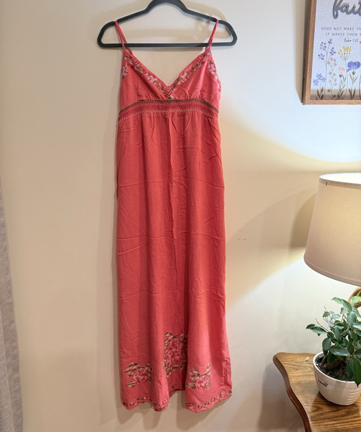 Forever Twenty One Pink Floral Embroidered V-Neck Smocked Maxi Dress Size M