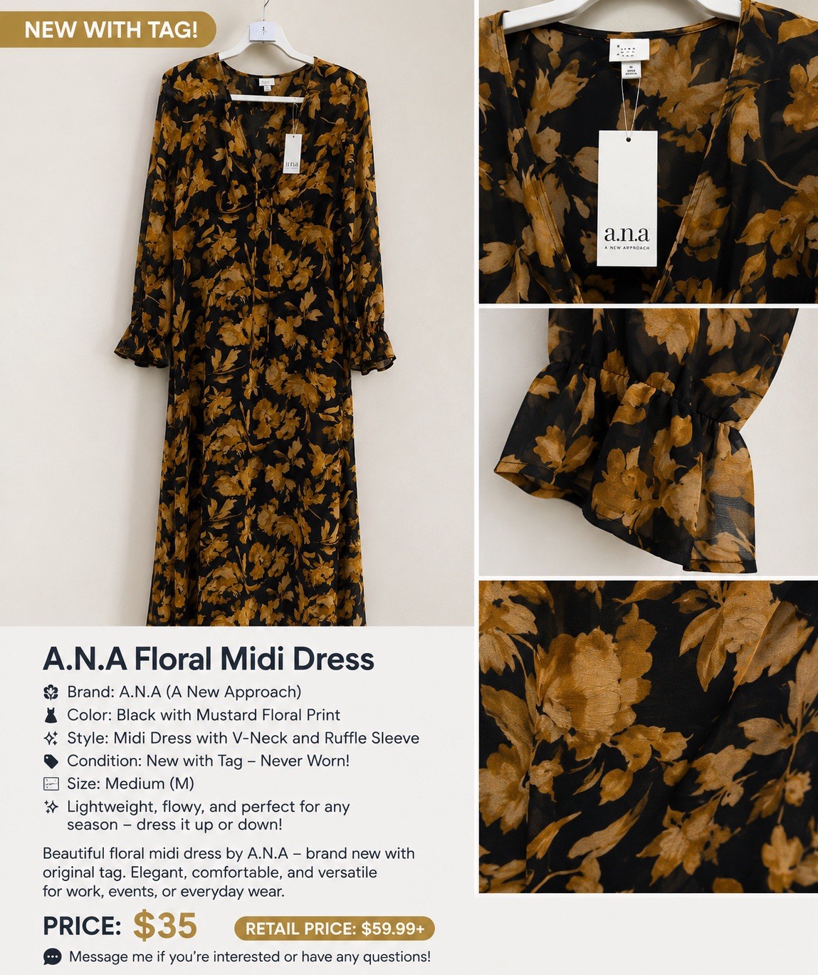 A New Day Women’s Long Sleeve Sheer Maxi Dress Black/Brown Floral L