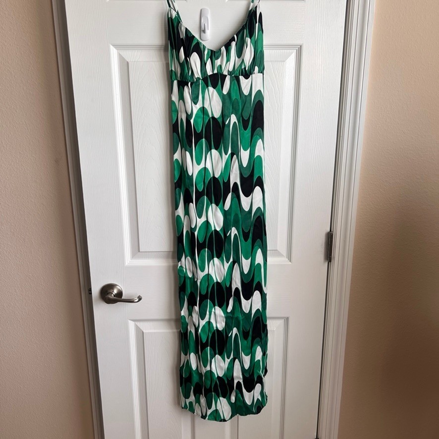 New Zara Abstract Green White Black Dress Cami Strap Crisscross Back Ladies L