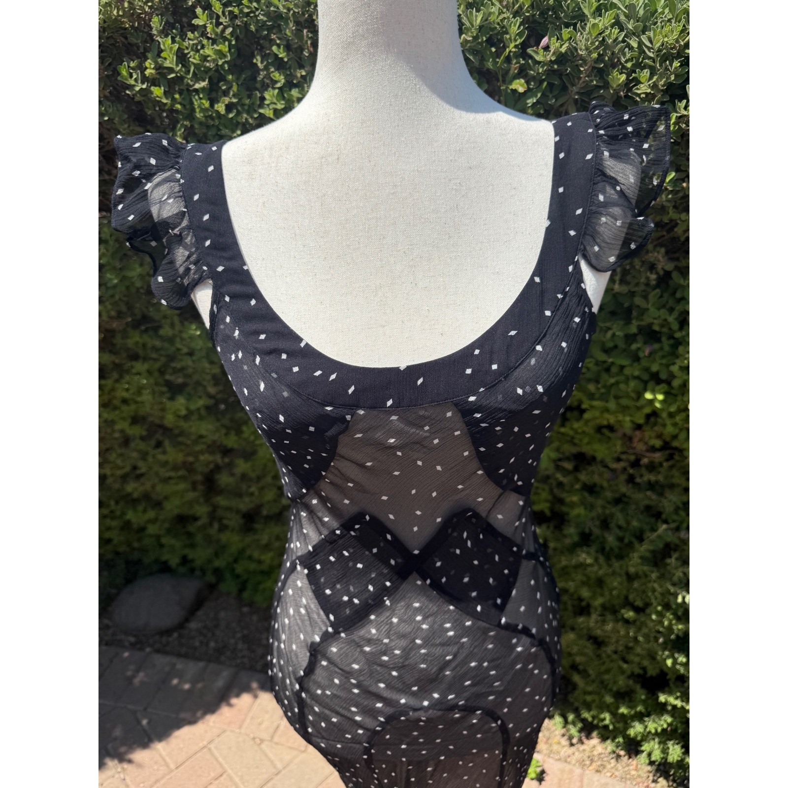 Silk Chiffon Sheer Maxi Dress Black White Diamond Dot Ruffle Sleeve Tie Waist S