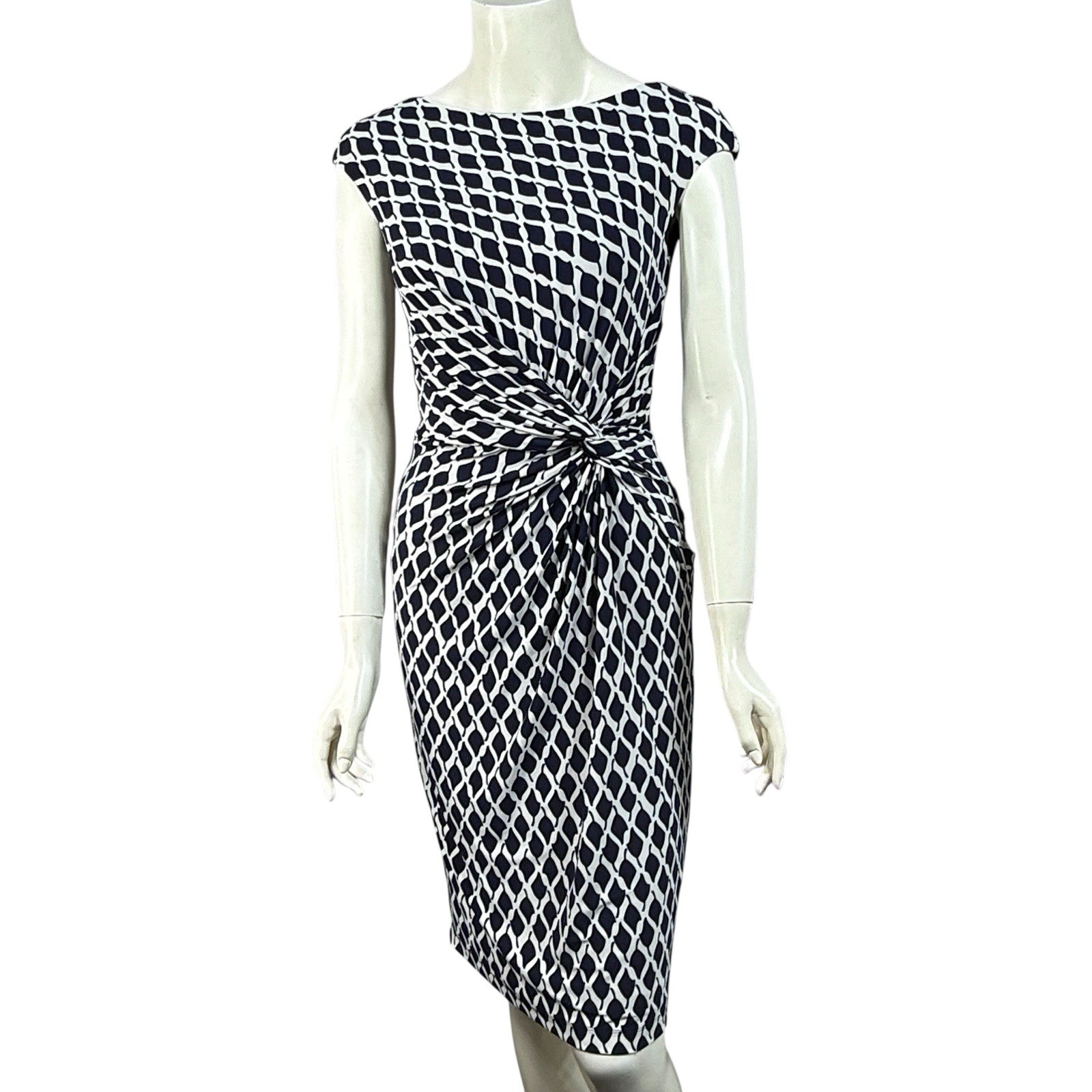 Lauren Ralph Lauren Dress Women 2 Navy White Twist Waist Jersey Stretch Academia
