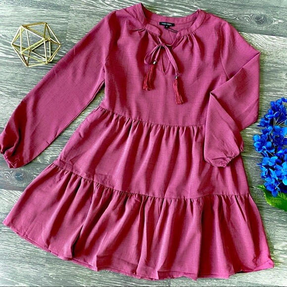 Burgundy Tiered Ruffle Dress Various Sizes