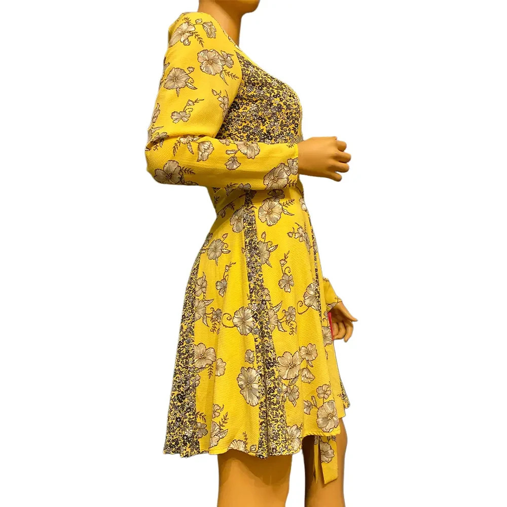 Xhilaration Mustard Yellow Mixed Floral Print Fit and Flare Dress Long Sleeve