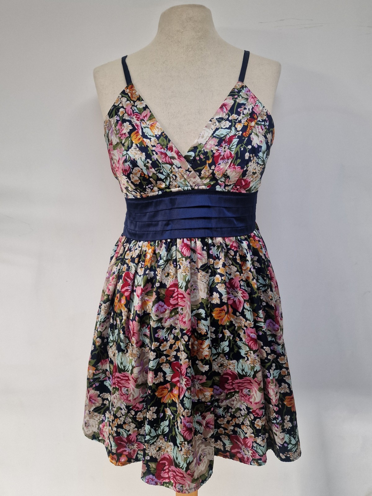 Gorgeous Satin Look Navy Blue Floral Dress Mela Love London Size Medium Occasion