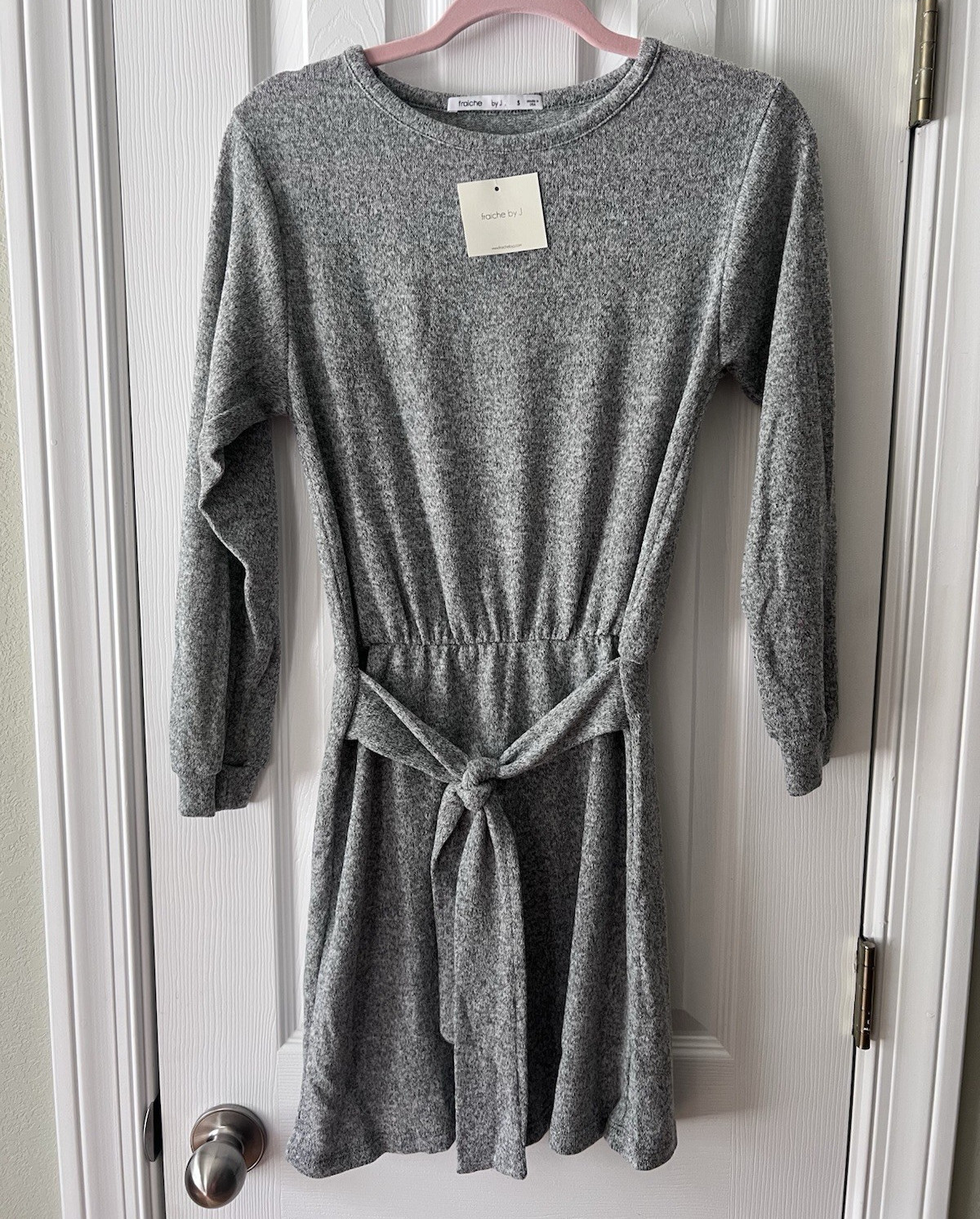 fraiche by J Gray Solid Knit Long Sleeve Crew Neck Tie Belted Stretch Dress S