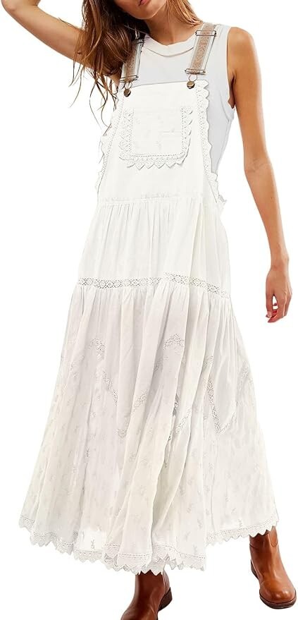 Women’s Laced Embroidered Tulle Bib Dress Casual Loose Adjustable Straps Maxi