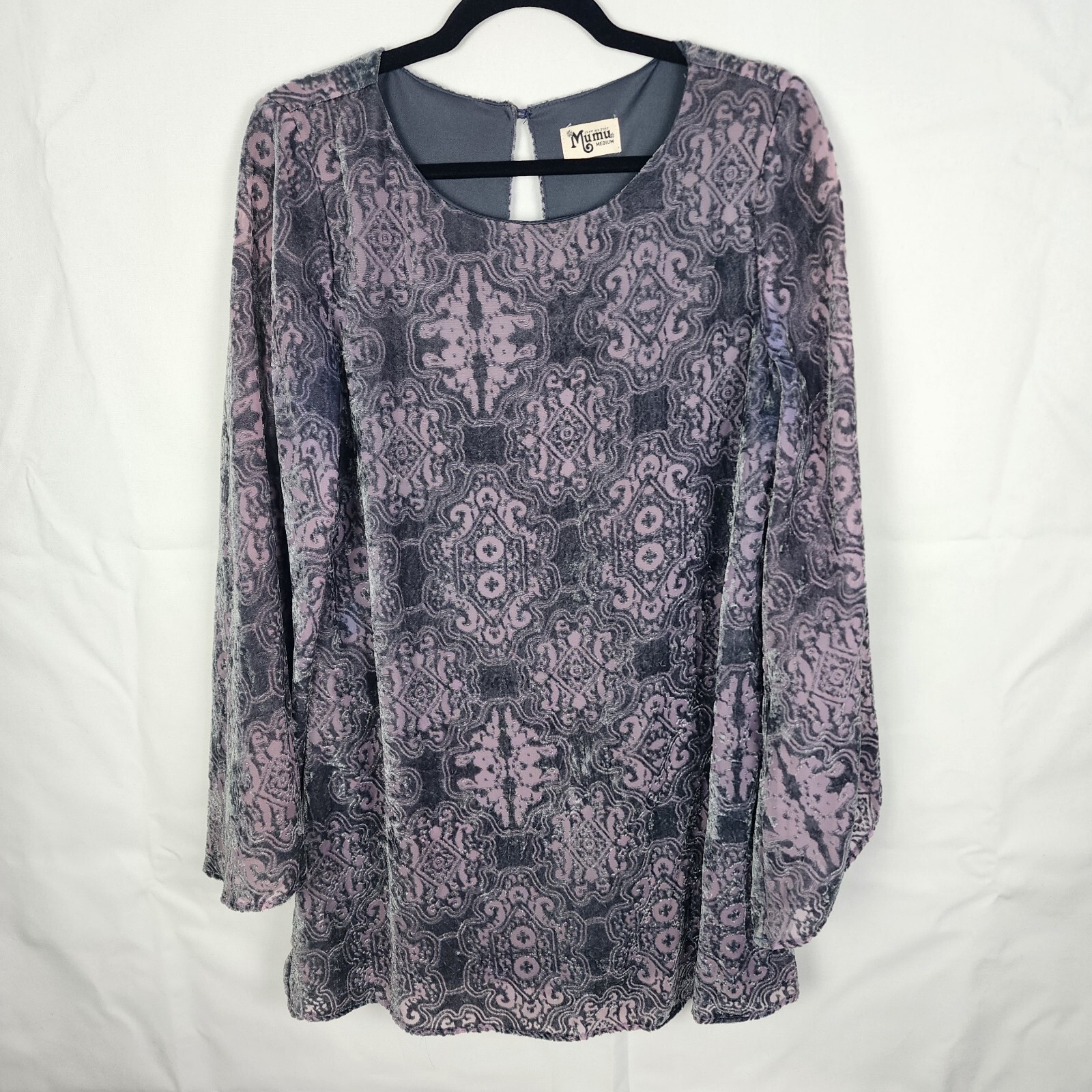 Show Me Your Mumu Velvet Burnout Damask Bell Sleeve Mini Dress Blue Purple M