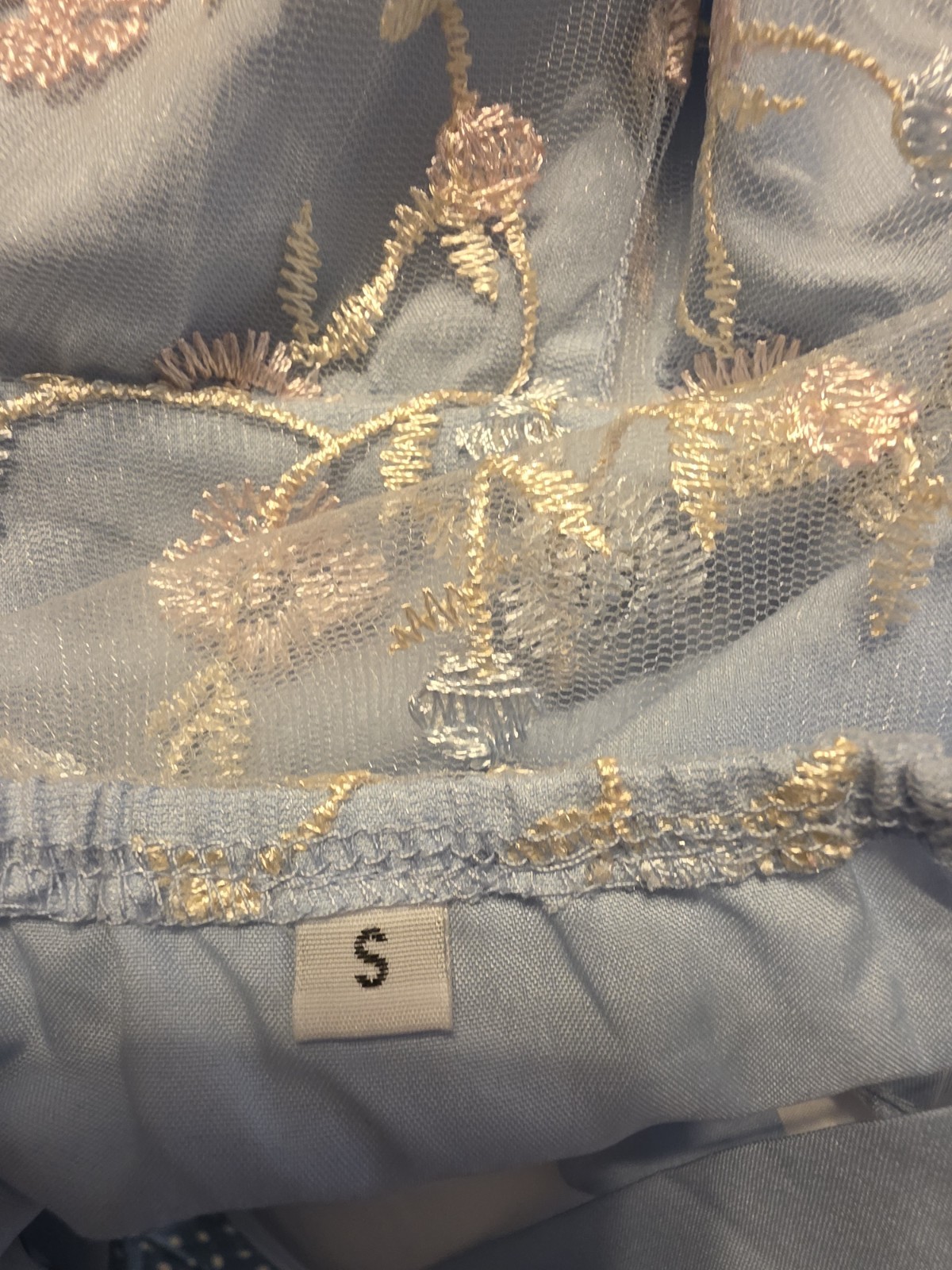 Blue Floral Embroidered Mesh Overlay Square Neck Strappy Lined Mini Dress S