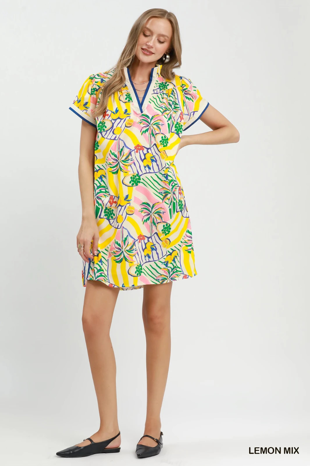 Umgee Tropical Print Collared Shift Dress – Lemon Mix – Small