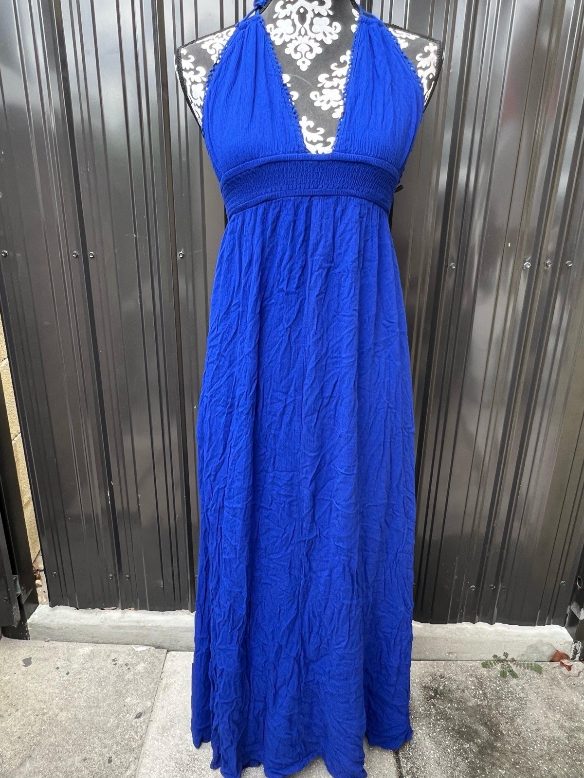 Forever 21 Women’s Blue S Maxi Dress V-Neck Halter Smocked Backless Tassel
