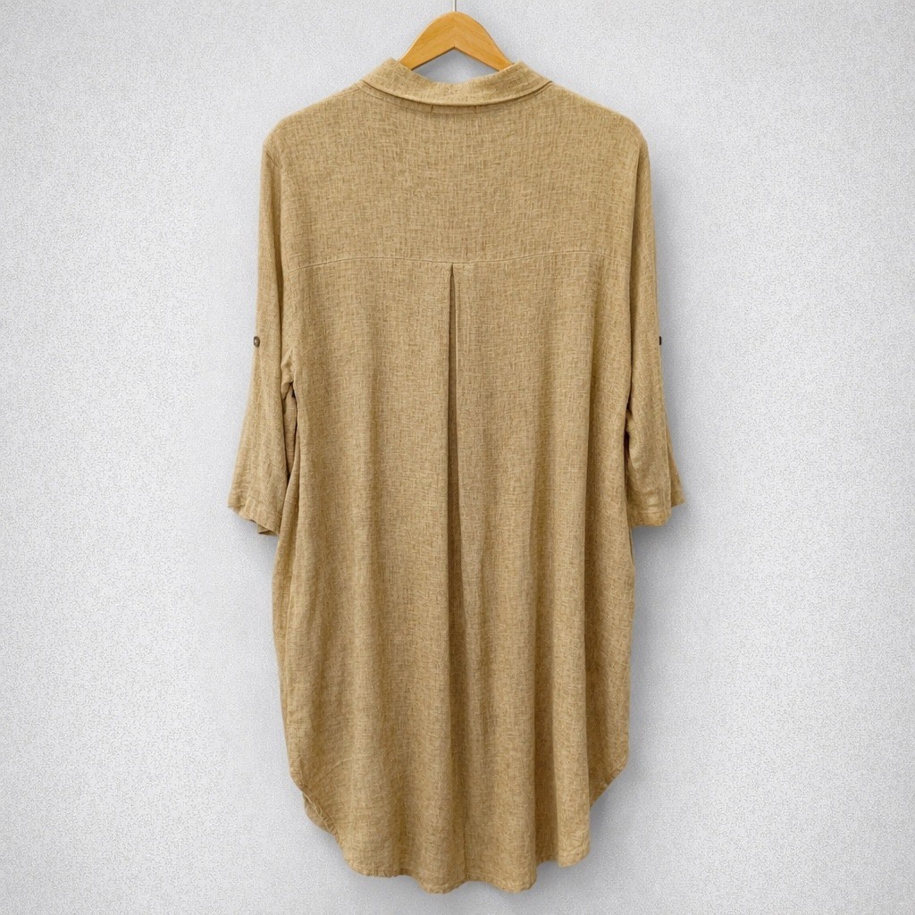 Italian Linen Lagenlook Tunic Shirt Dress Womens Oversized M Neutral Pockets