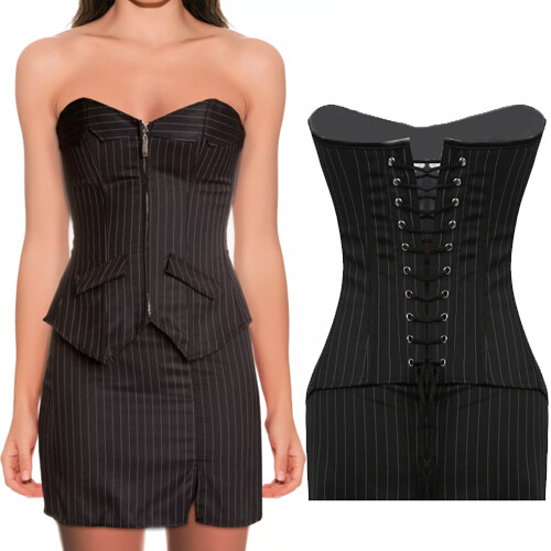 Women Satin Overbust Sexy Striped Corset Set with Mini Skirt Bustier Bodyshaper