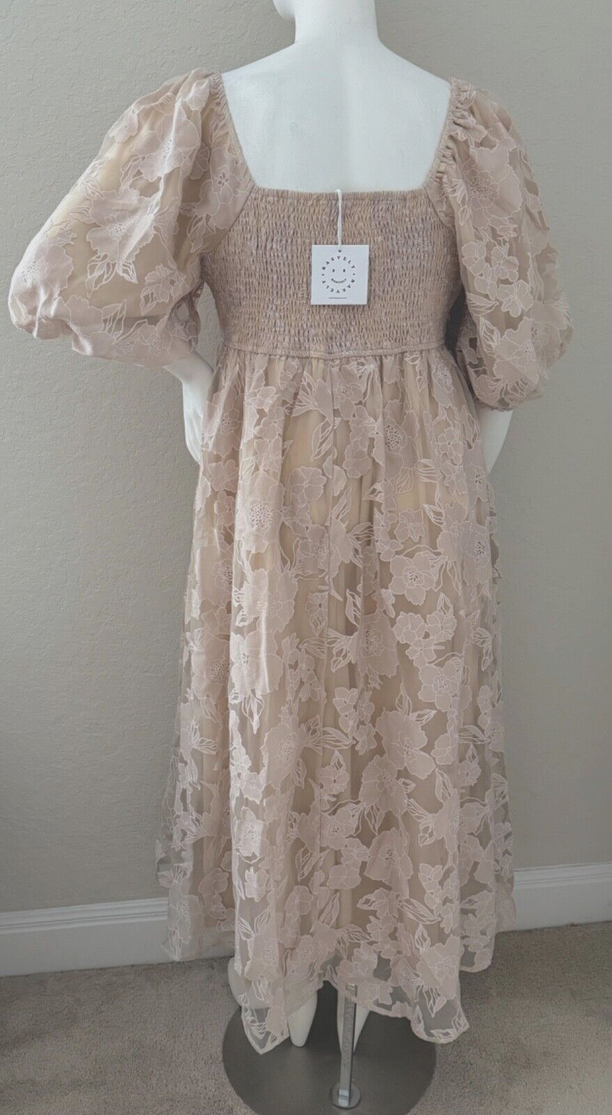 Baevely Puff Sleeve Square Neck Floral Layered Maxi Dress Taupe Plus 1XL 2XL 3XL