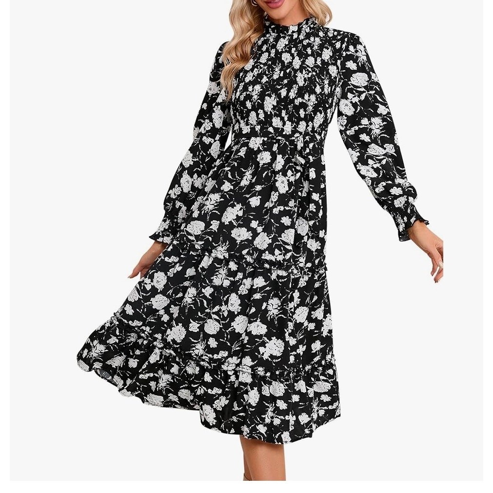 NWT- Kojooin Black + White Floral long Sleeve Dress, Ruffle Hem, Midi- Large