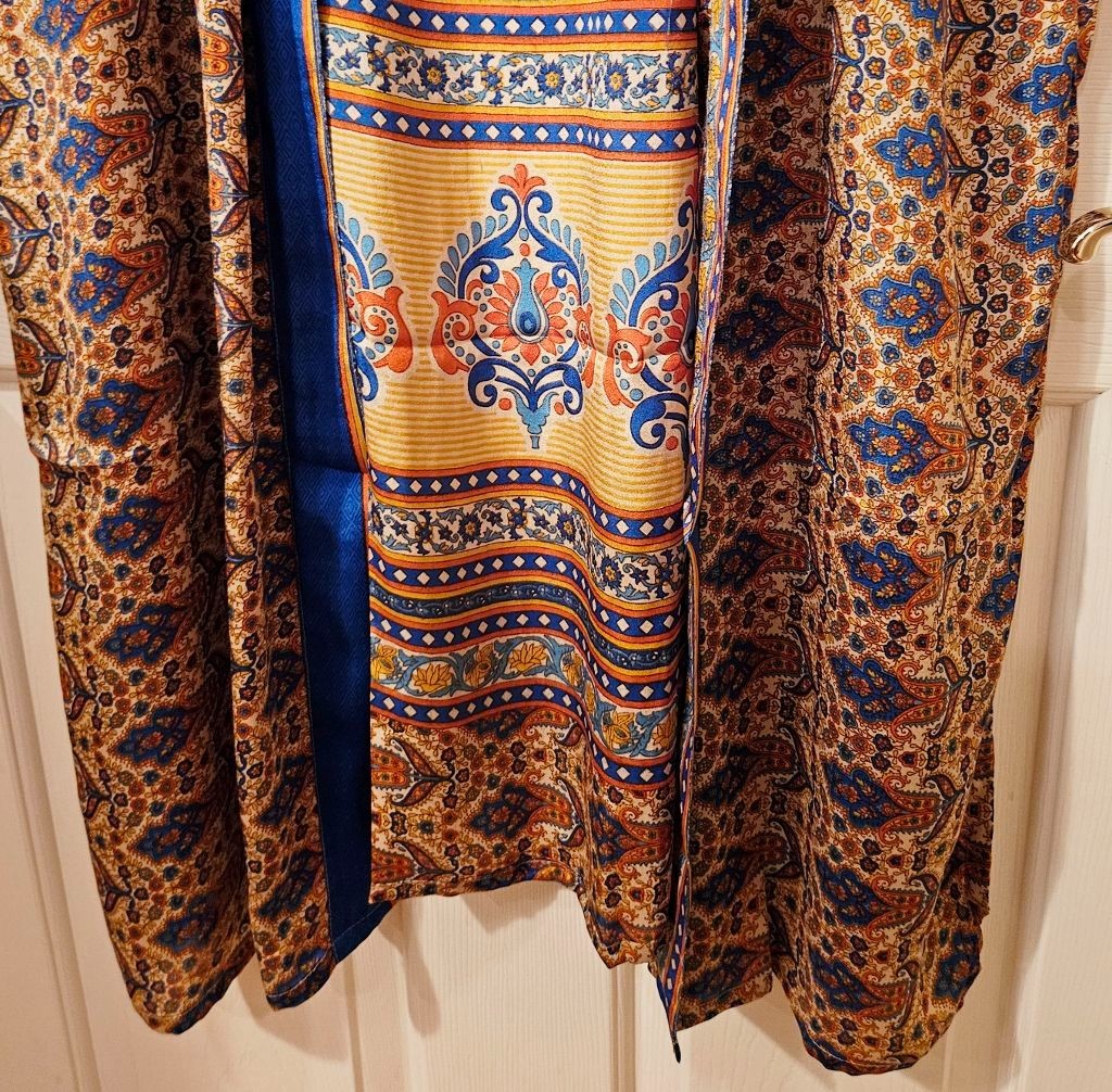 Art Silk Kimono Robe~ Women’s One Size~ Kimono w/Tie ~Floral Paisley ~Brown,Blue