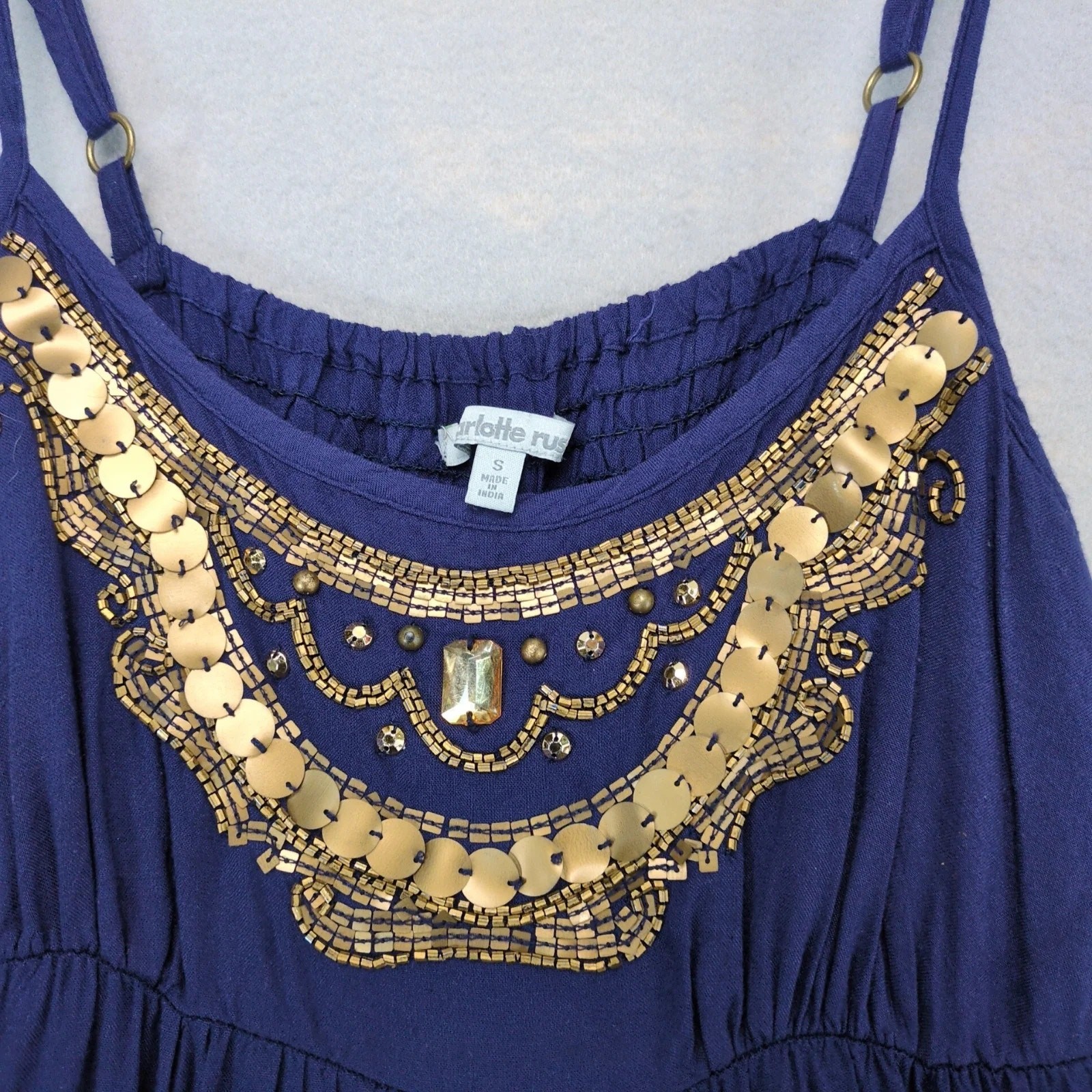 Charlotte Russe Navy Tiered Maxi Dress S Brass Beads Spaghetti Straps High Waist