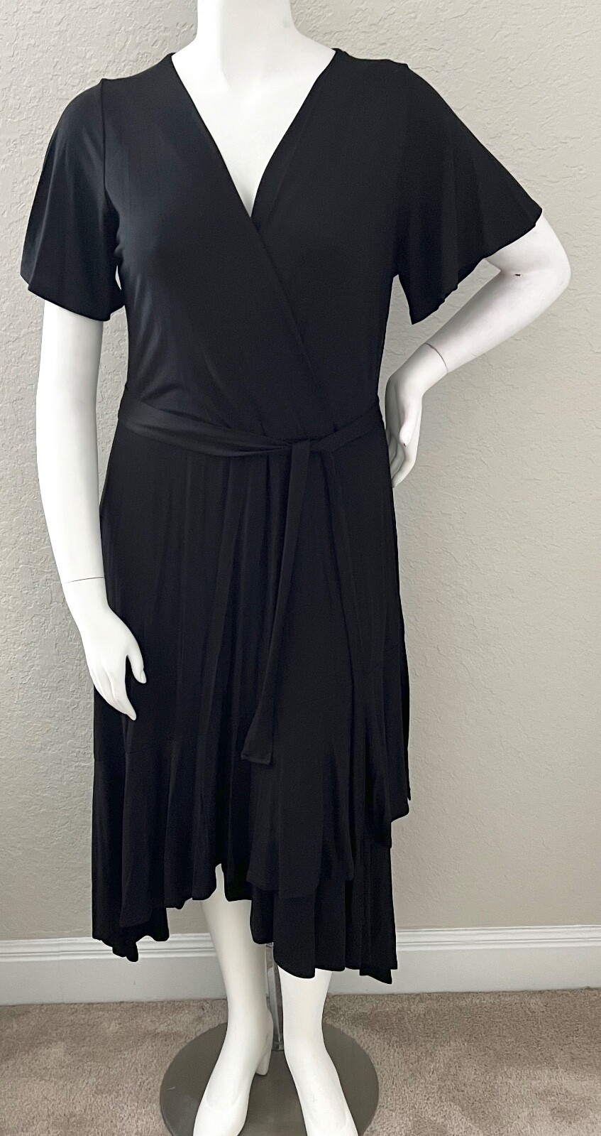 Chris & Carol Stretch Wrap Ruffle Dress w/ Flutter Sleeves Black Plus 2XL 3XL