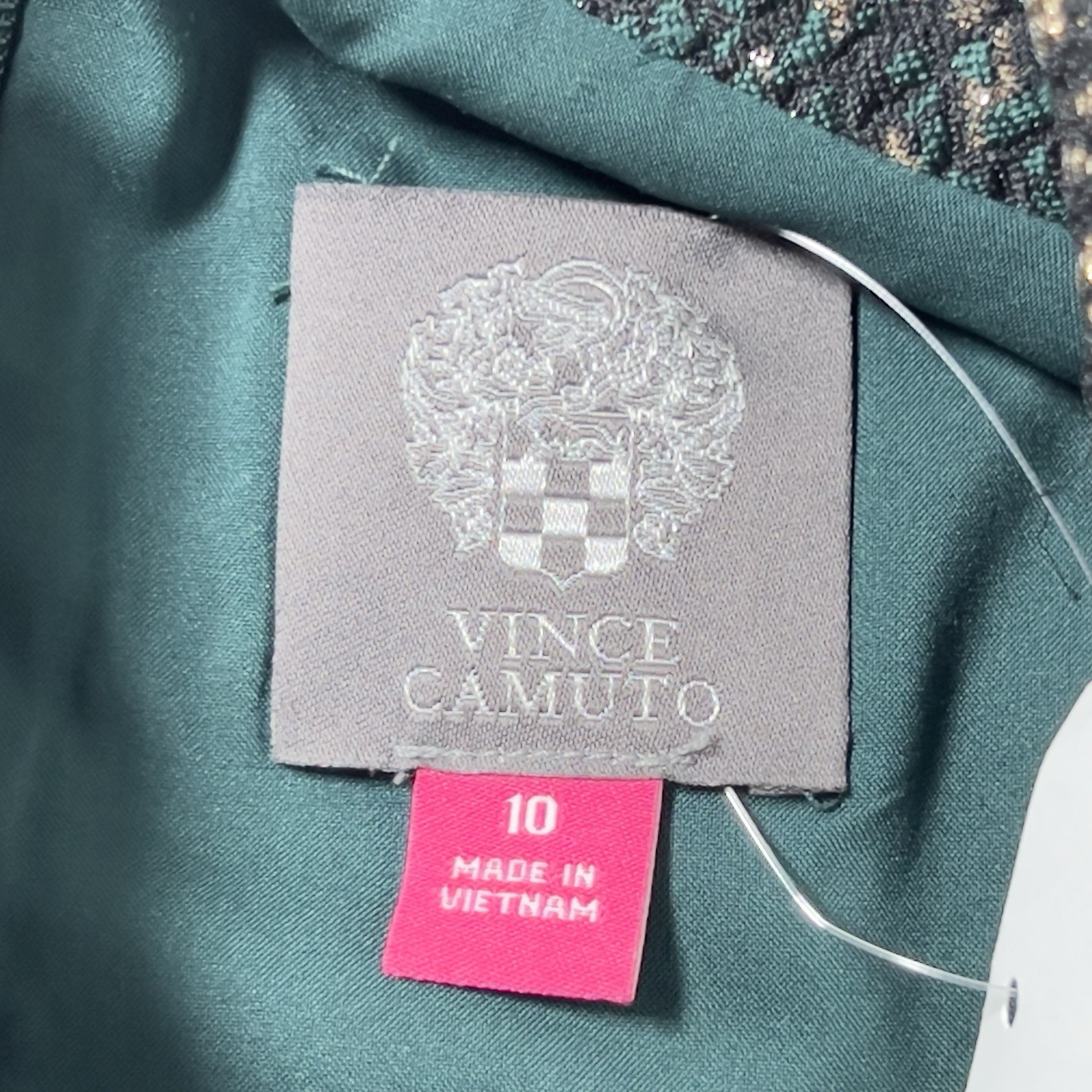 Vince Camuto Jacquard Bow Neck Cocktail Dress Womens Sz 10 Green Gold Metallic