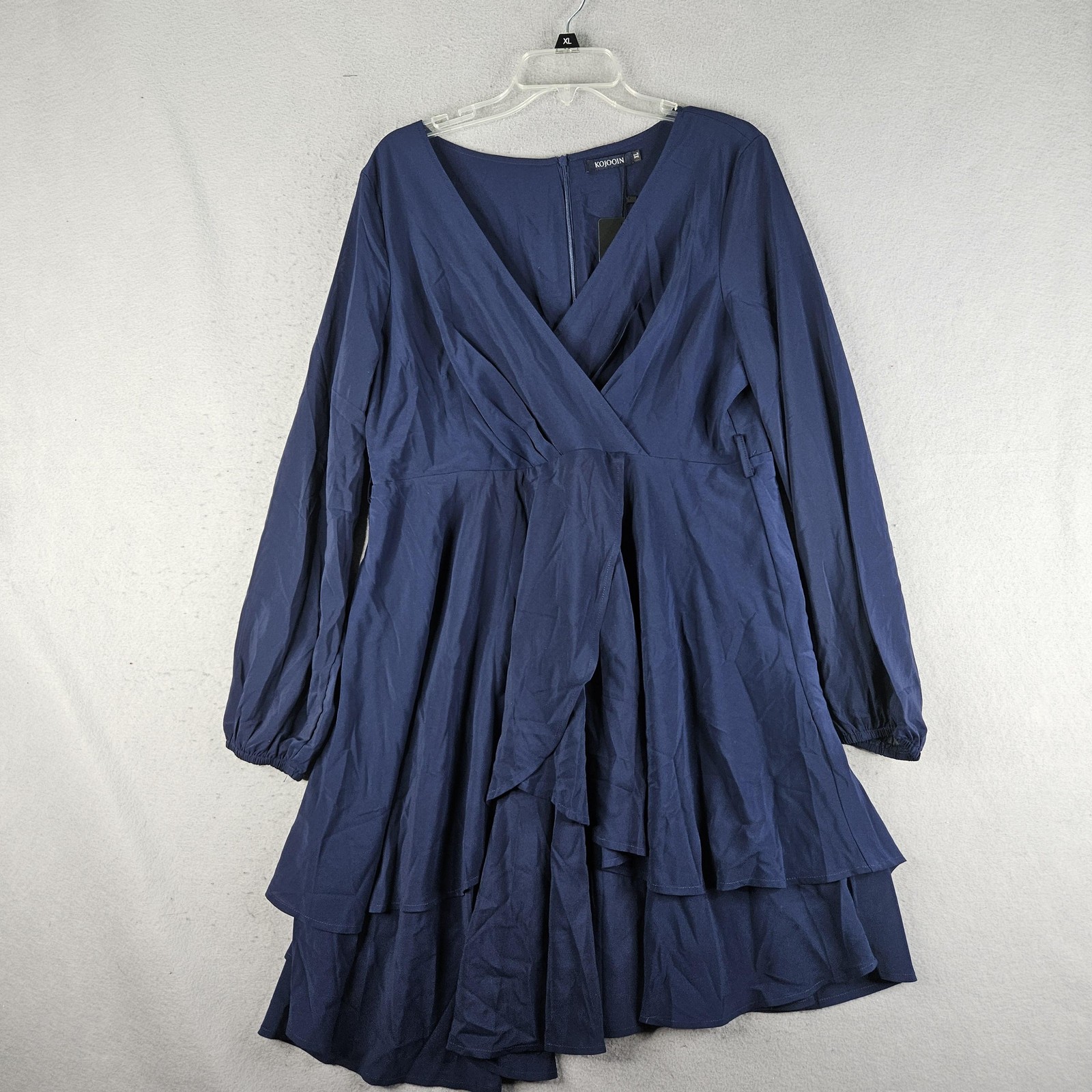 KOJOOIN Dress Womens XL Blue Long Sleeve Wrap Fit Flare Ruffle Knee Length