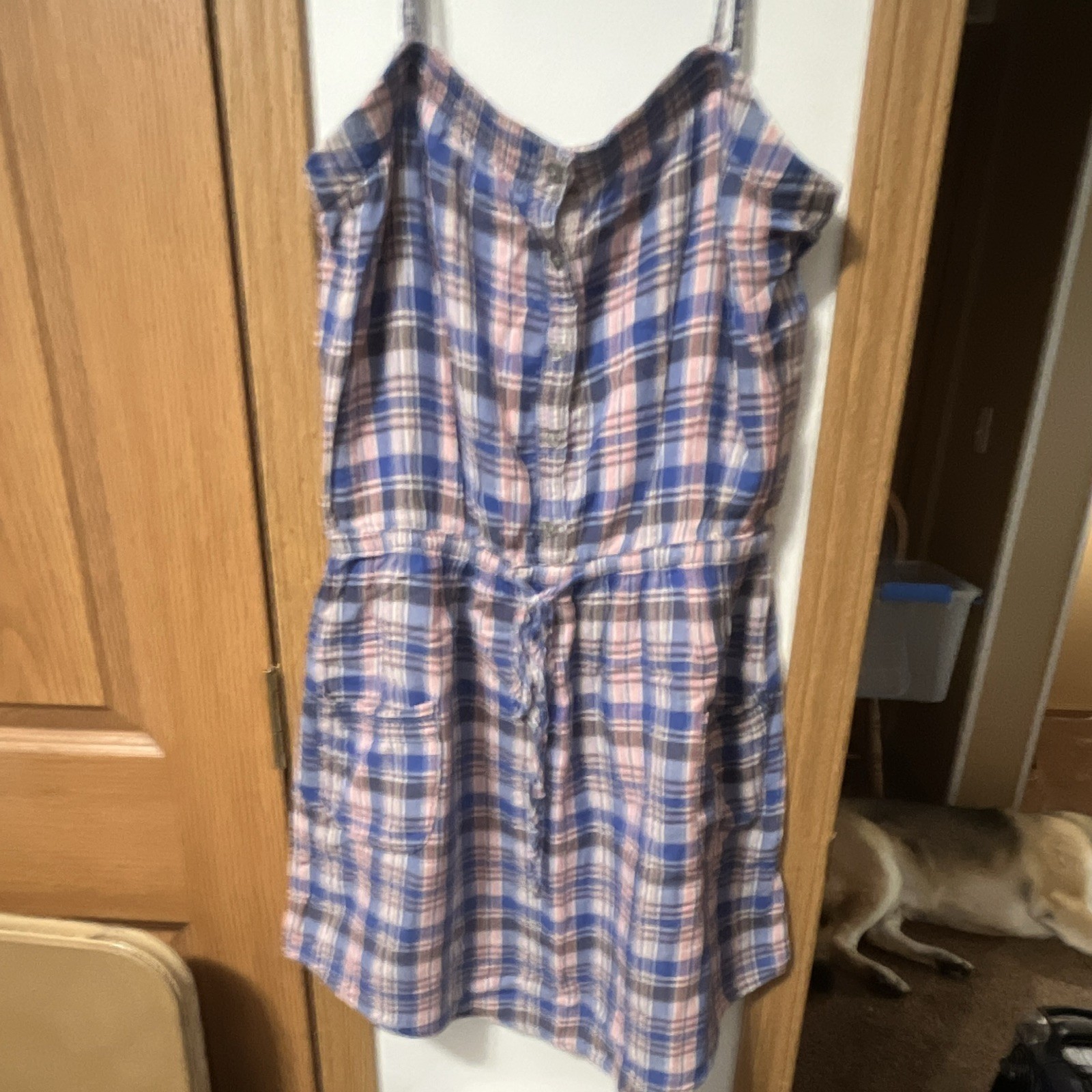 Aerie Plaid Button-Front Dress XL Blue Pink White V-Neck Drawstring