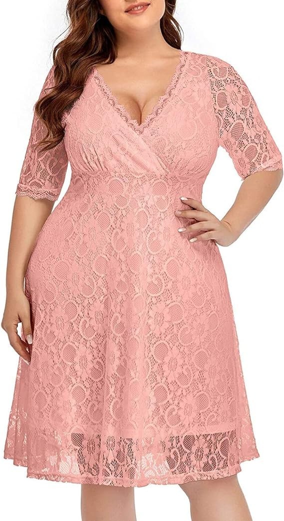 Women’s Plus Sized 26W Lace Party/ Wedding Dress Pink Lined V Neck