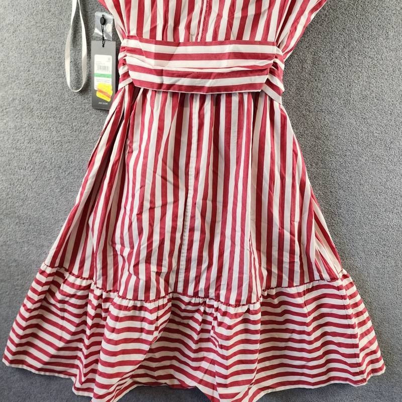 Jones New York Striped Tie-Waist Sleeveless Midi Shirtdress Women L Rouge/White