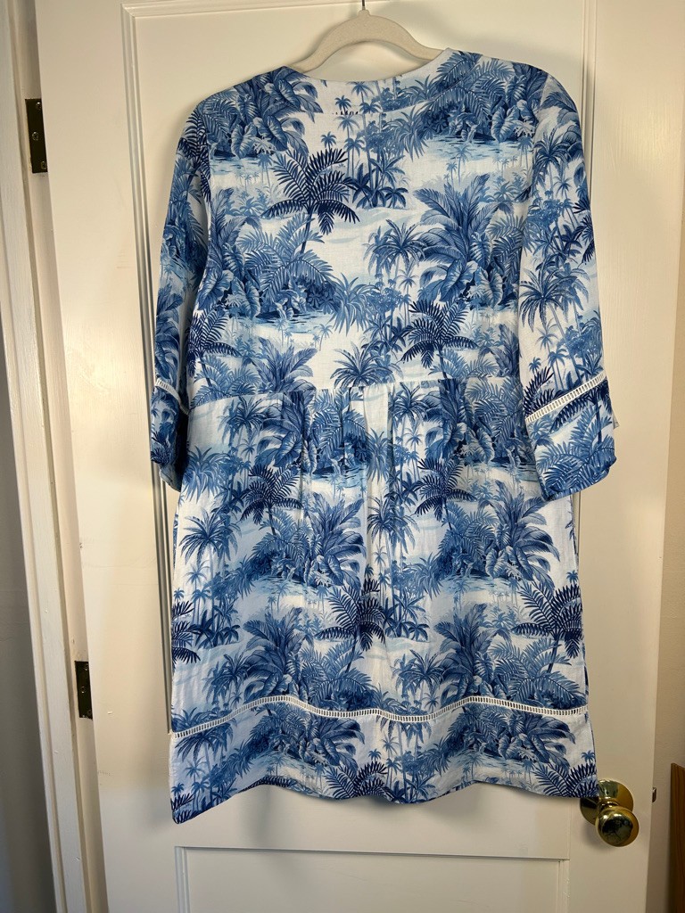 Tommy Bahama botanical breeze shift dress blue and white tropical linen size MED