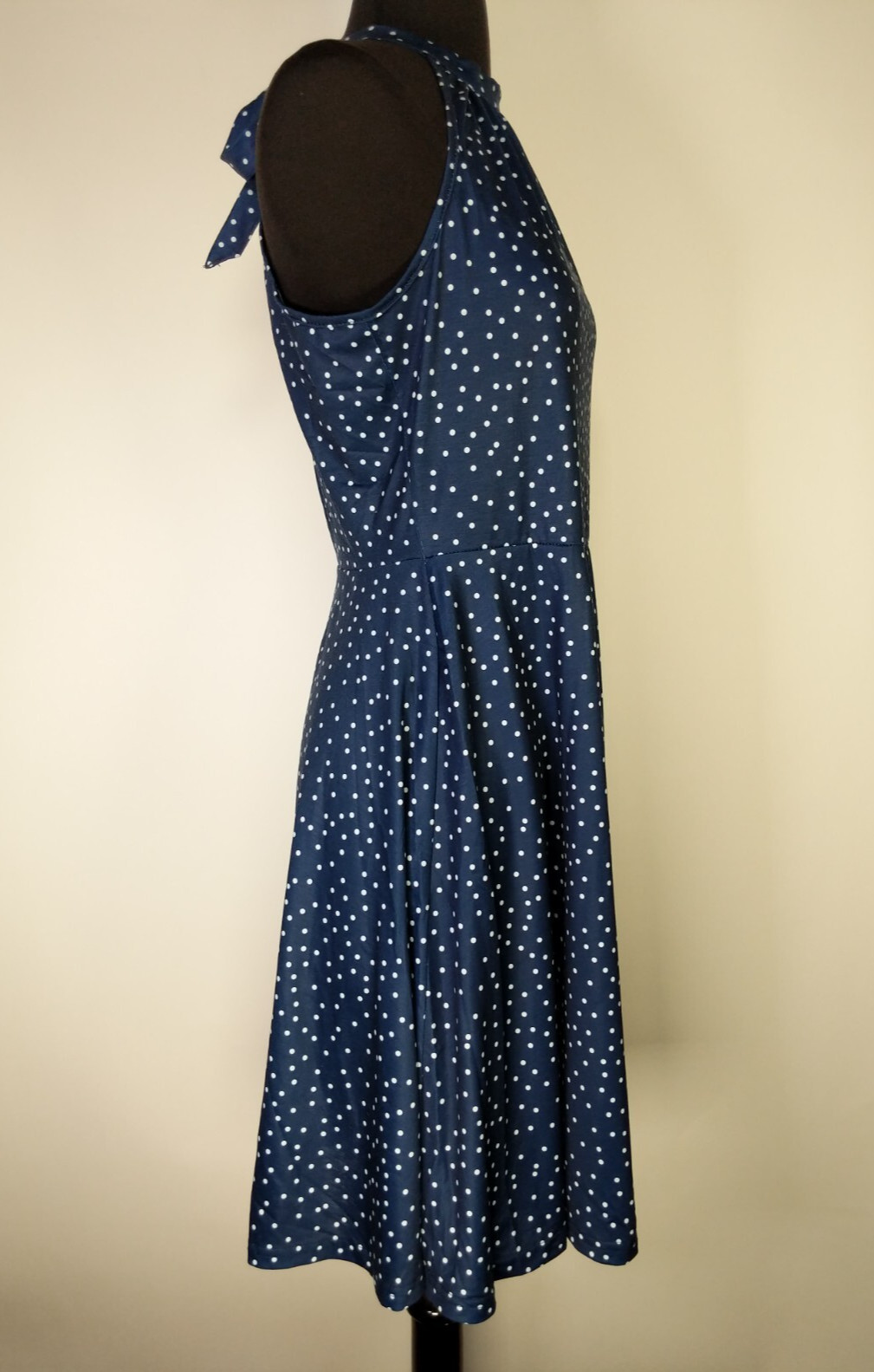 Ouges Size S Small Blue White Polka Dot Sleeveless Halter Fit Flare Dress NWT