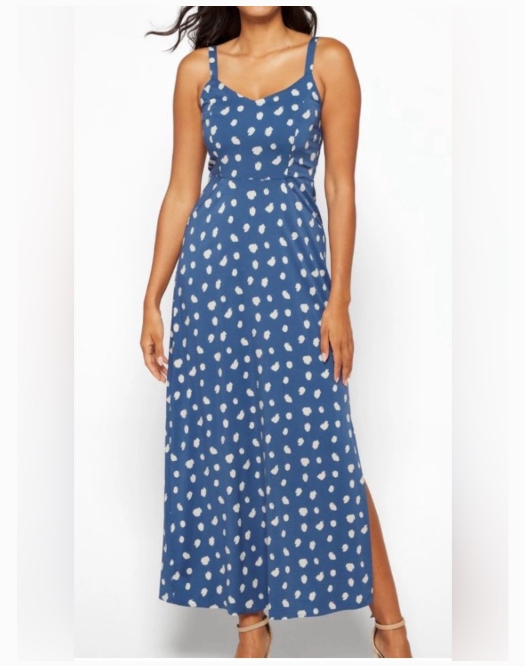 41 Hawthorn 3X Blue/White Polka Dot V-Neck Smocked Sleeveless Maxi Dress