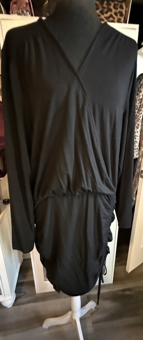 Royalty Black Solid Jersey Ruched Drawstring Bodycon Dress VNeck Long Sleeve XXL