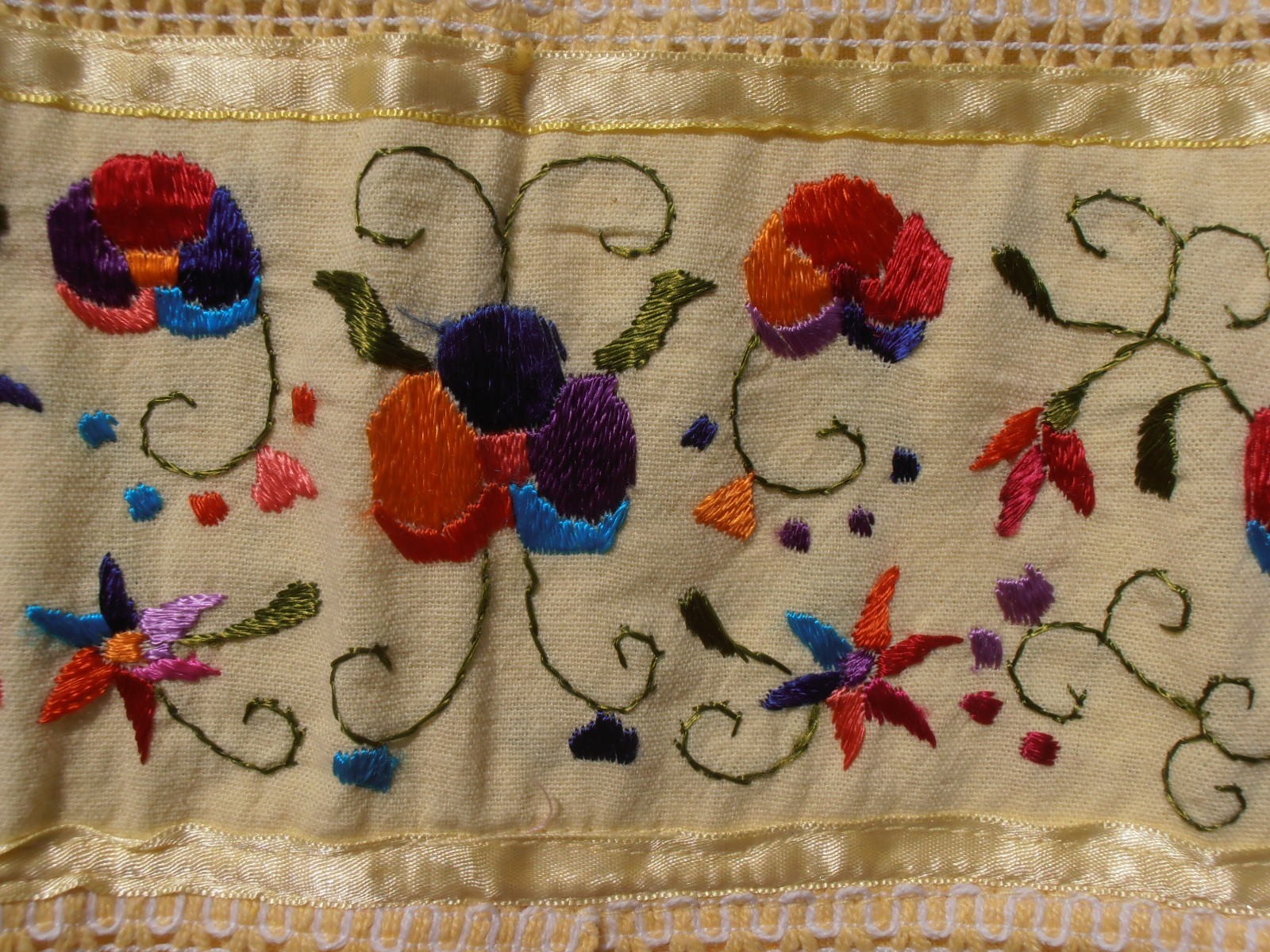 Mexican Embroidered Yellow Cotton Oaxacan Dress Ribbon Lace Maxi Boho Large