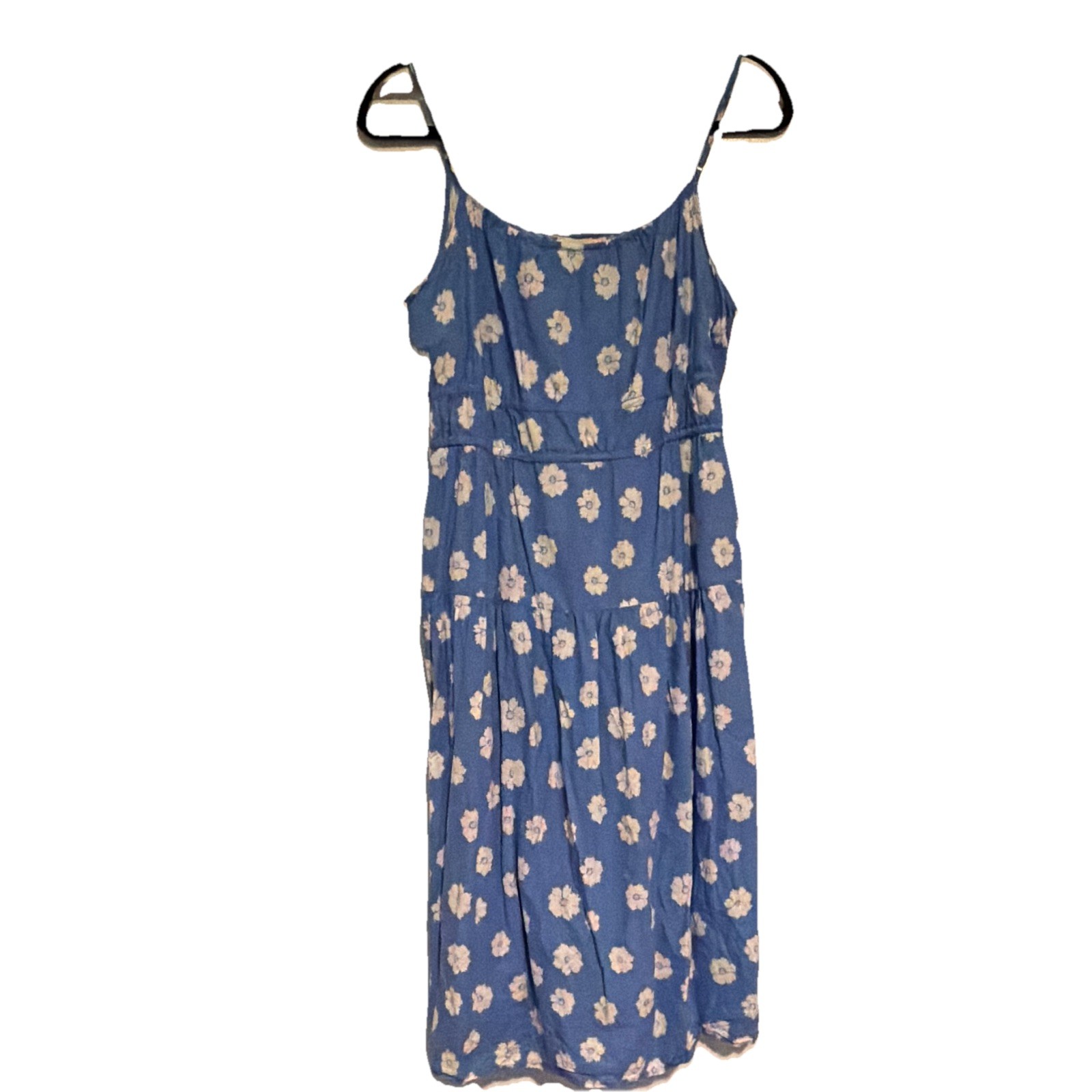 Blue Floral Daisy Print Spaghetti Strap Midi Dress Fitted Bodice | Cottagecore