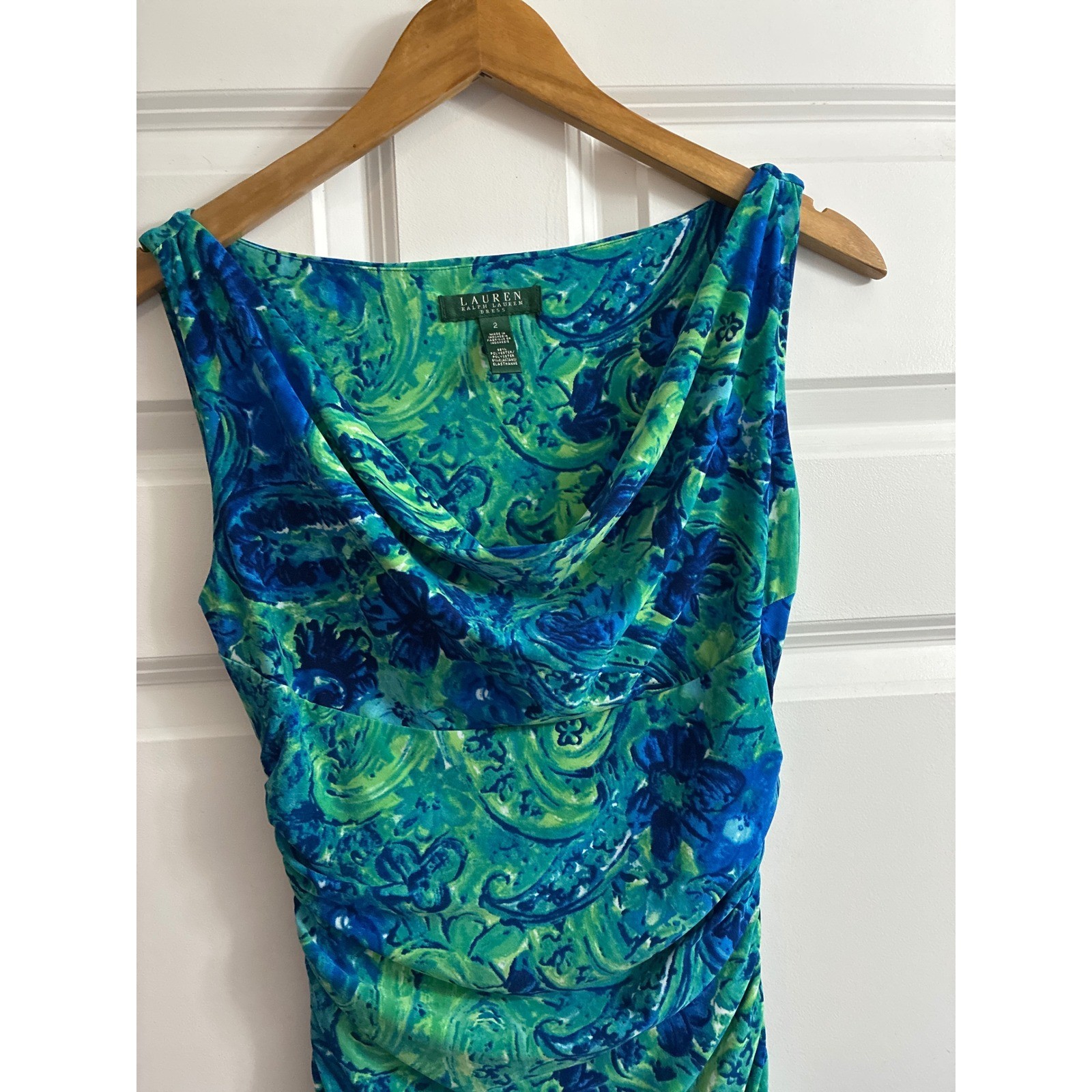 Lauren Ralph Lauren Blue Green Paisley Dress Floral Ruched Cowl Neck Dress 2