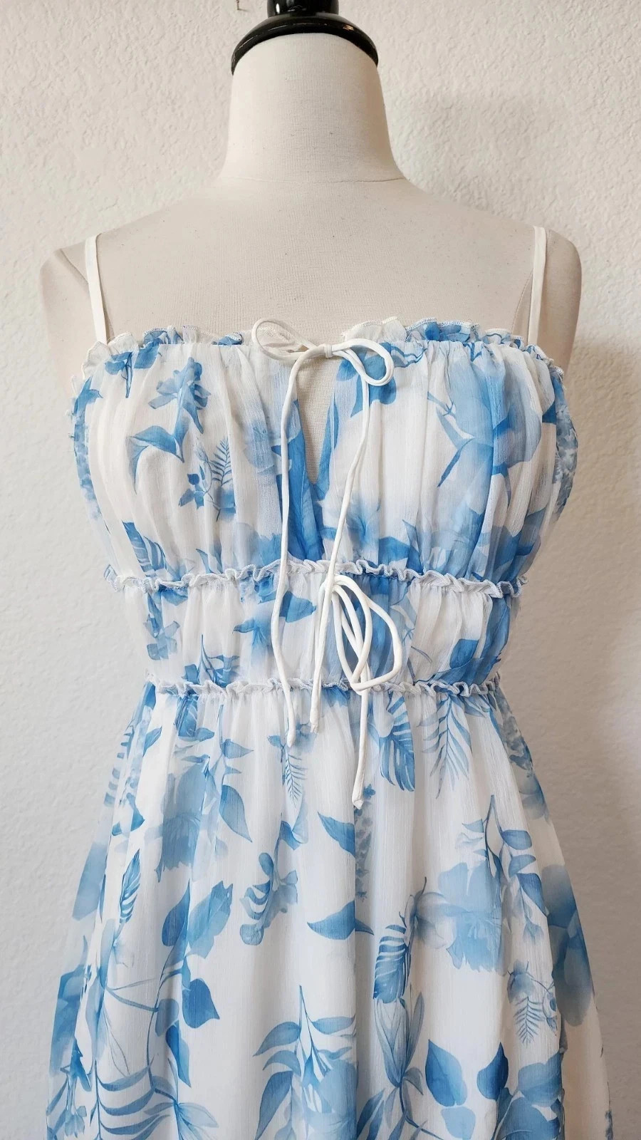 New Anthro Maxi Dress Size Small White Blue Floral Coquette Bow Europe Italy