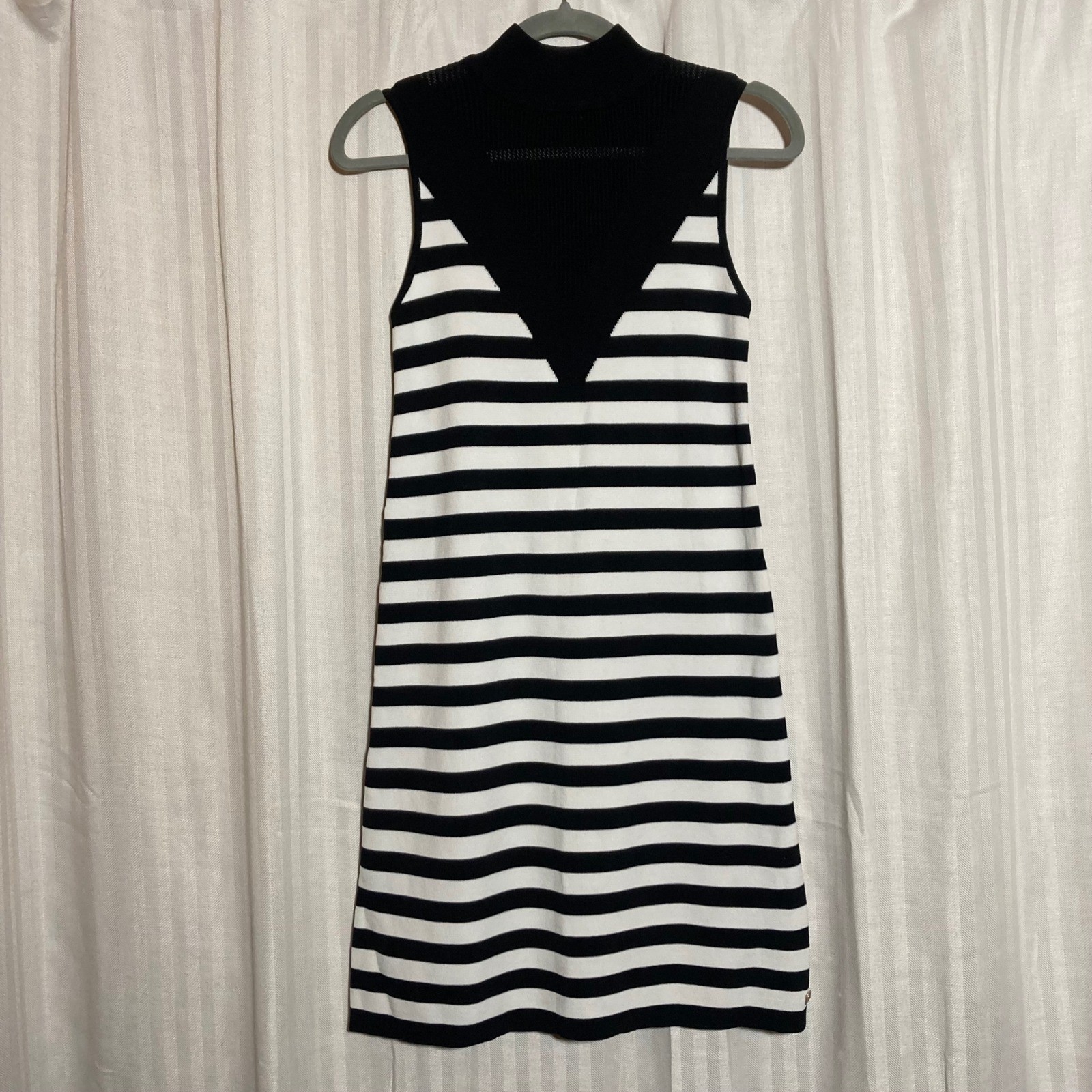 1060s Mod French Girl Chic Striped Mock Neck Knit Dress Guess Black White M