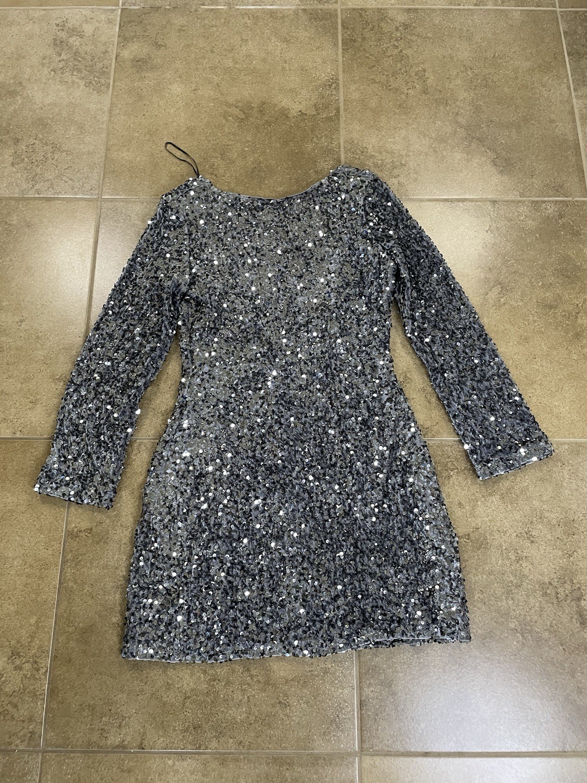 H&M Sequin Dress Womens Sz S Silver Scoop Back Long Sleeve Party Cocktail Lined