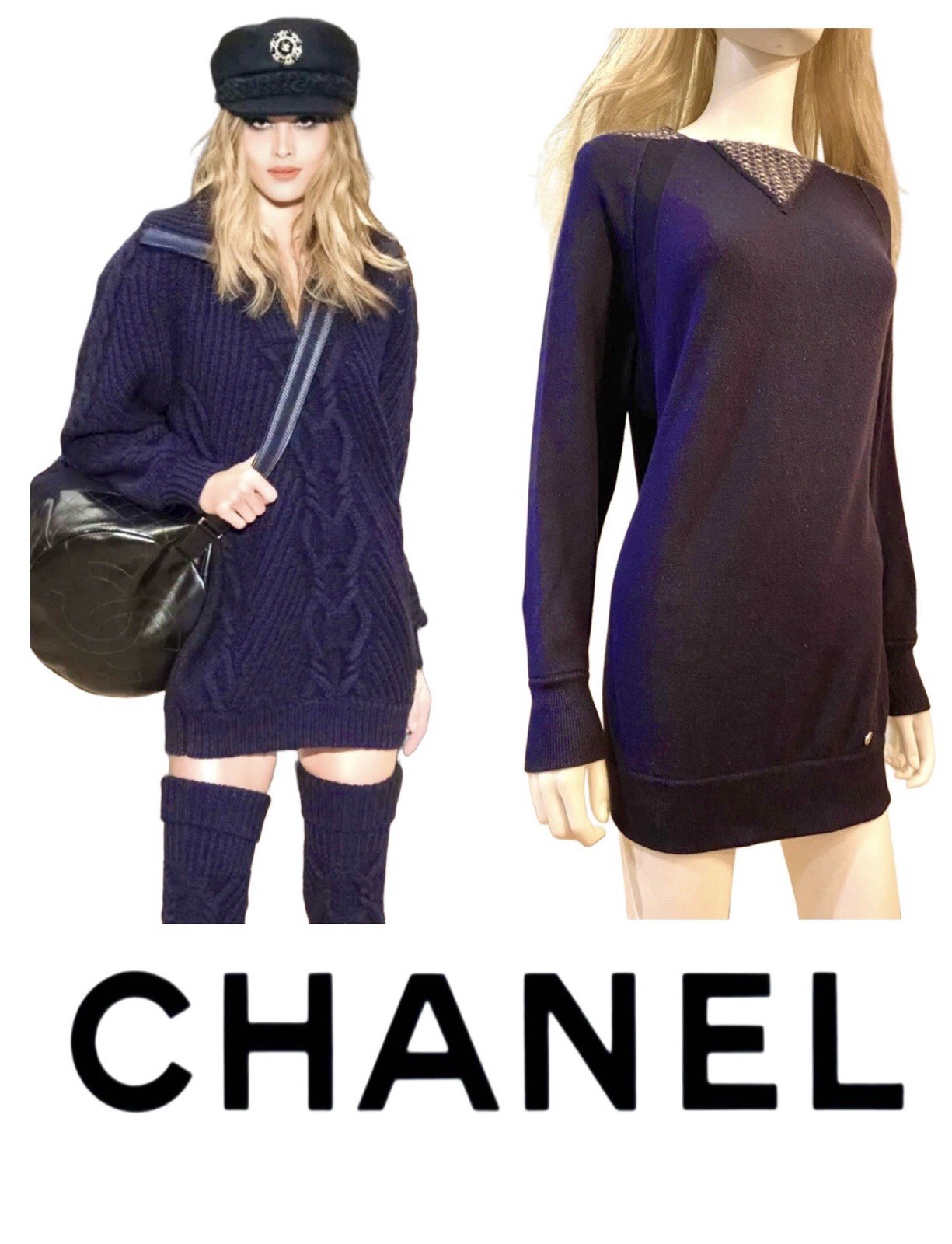 Chanel 2016 2017 Blue Knit Long Sweater Dress 34 36 38 2 4 6 Tunic Top Vtg S M