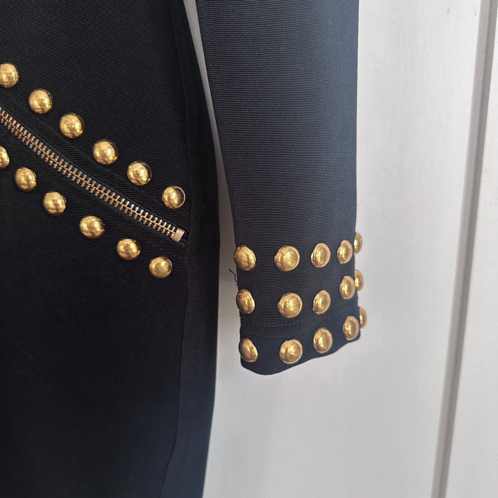 Vintage Lillie Rubin Black Gold Studded Bodycon Zip Dress XS 80s
